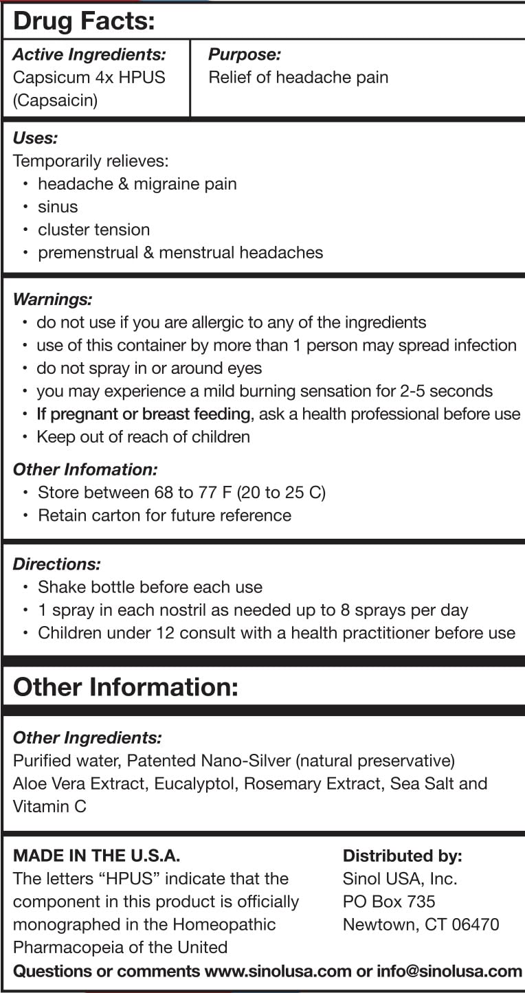Sinol Headache Relief Spray, Over-The-Counter Medication Nose Spray for Migraine Cluster Tension, Sinus Relief & Nasal Decongestants, 15 ml Sinol Au supplements