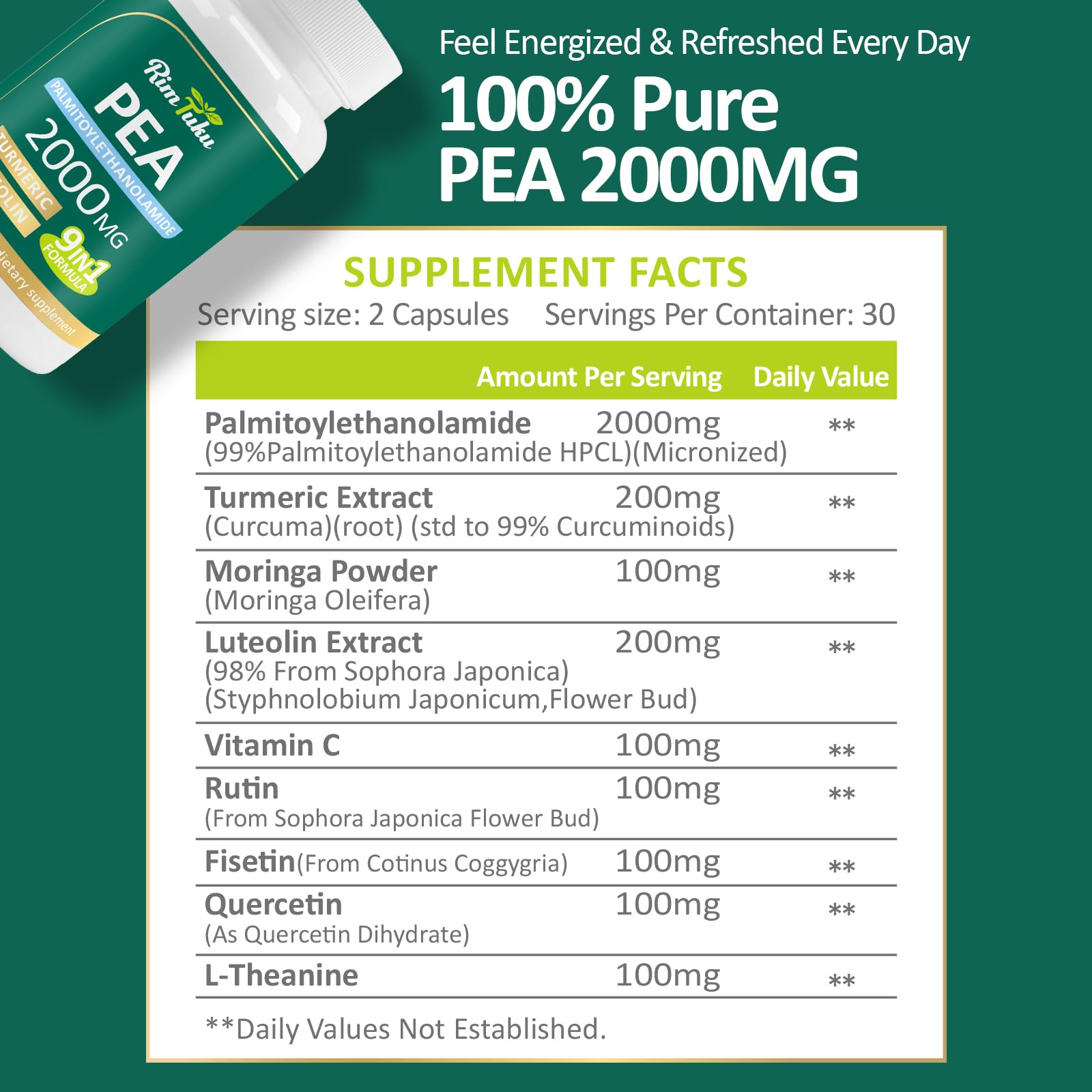 Liposomal Palmitoylethanolamide 2000MG + Luteolin 200MG + Turmeric 200MG & Fisetin 100MG, Micronized Pea 99% Highly Purified Enhanced Absorption Pea Supplement, 120 Capsules RimTuku Au supplements