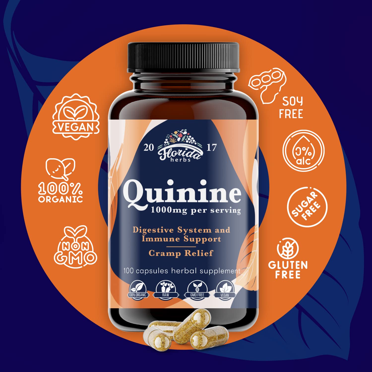 FLORIDA HERBS Quinine for Leg Cramps 1000 mg - 110 Capsules - Cinchona Bark Extract Supplement - Quinine Capsules - Vegan, Non - GMO FLORIDA HERBS Au supplements