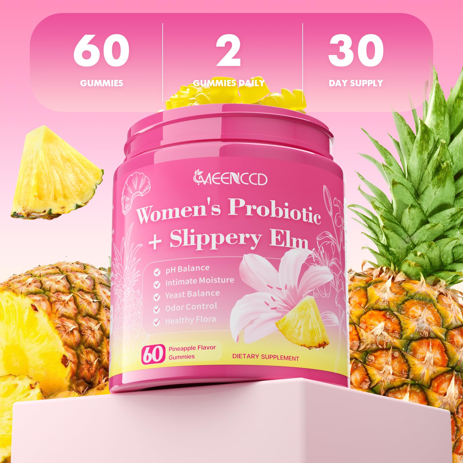 MEENCCD Her Juicy Feminine Probiotics Gummies with Slippery Elm & Lactobacillus Blend, Supports pH Balance & Immune Function, Promotes Vaginal Wellness, Pineapple Flavor, 60 Count MEENCCD Au supplements