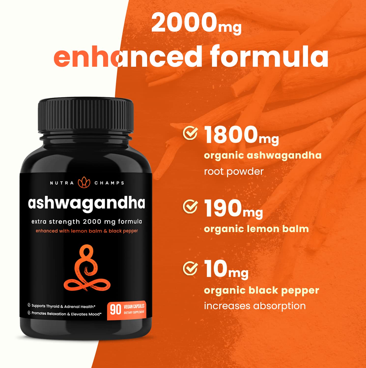 NutraChamps Organic Ashwagandha Capsules, 2000mg Adrenal Fatigue, Thyroid & Mood Support Ashwagandha Supplements, Ashwagandha Root Powder & Lemon Balm, Superior Absorption with Black Pepper NutraChamps Au supplements