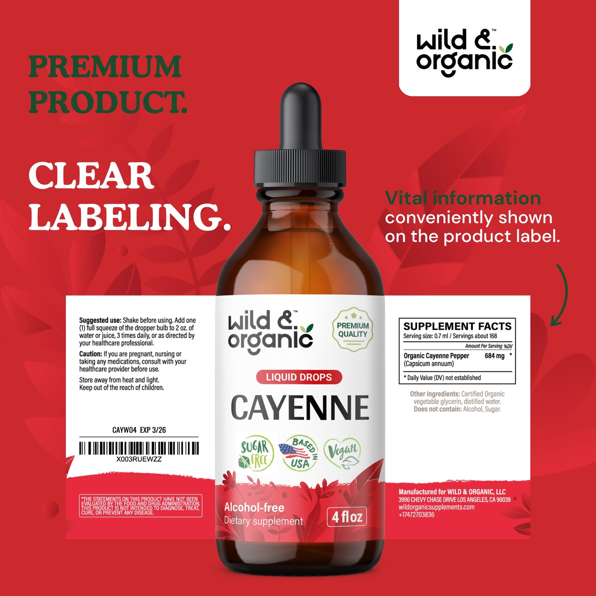 Wild & Organic Cayenne Pepper Tincture - Digestive Support with Capsaicin Extract - Cayenne Pepper Liquid Drops for Overall Well-Being - Unflavored, Vegan, Sugar & Alcohol-Free - 4 fl oz Wild & Organic Au supplements