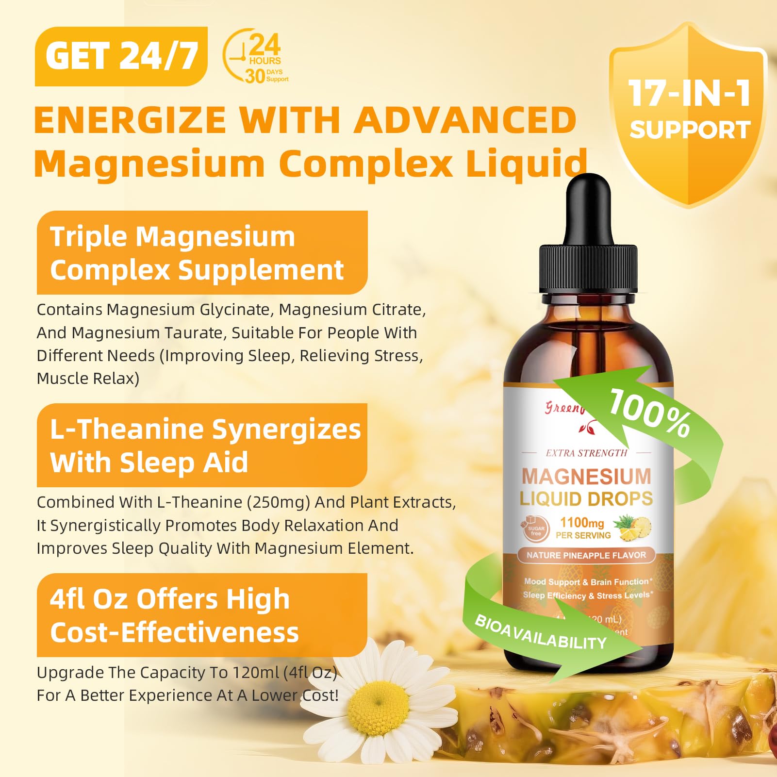 GREENPEOPLE 17-in-1 Triple Magnesium Complex Supplement,Magnesio Liquid Drops with Magnesium Glycinate & Citrate,Pineapple Flavor,Calm Mood,Muscle & Sleep for Adults,4 fl. oz 2Pack GREENPEOPLE Au supplements