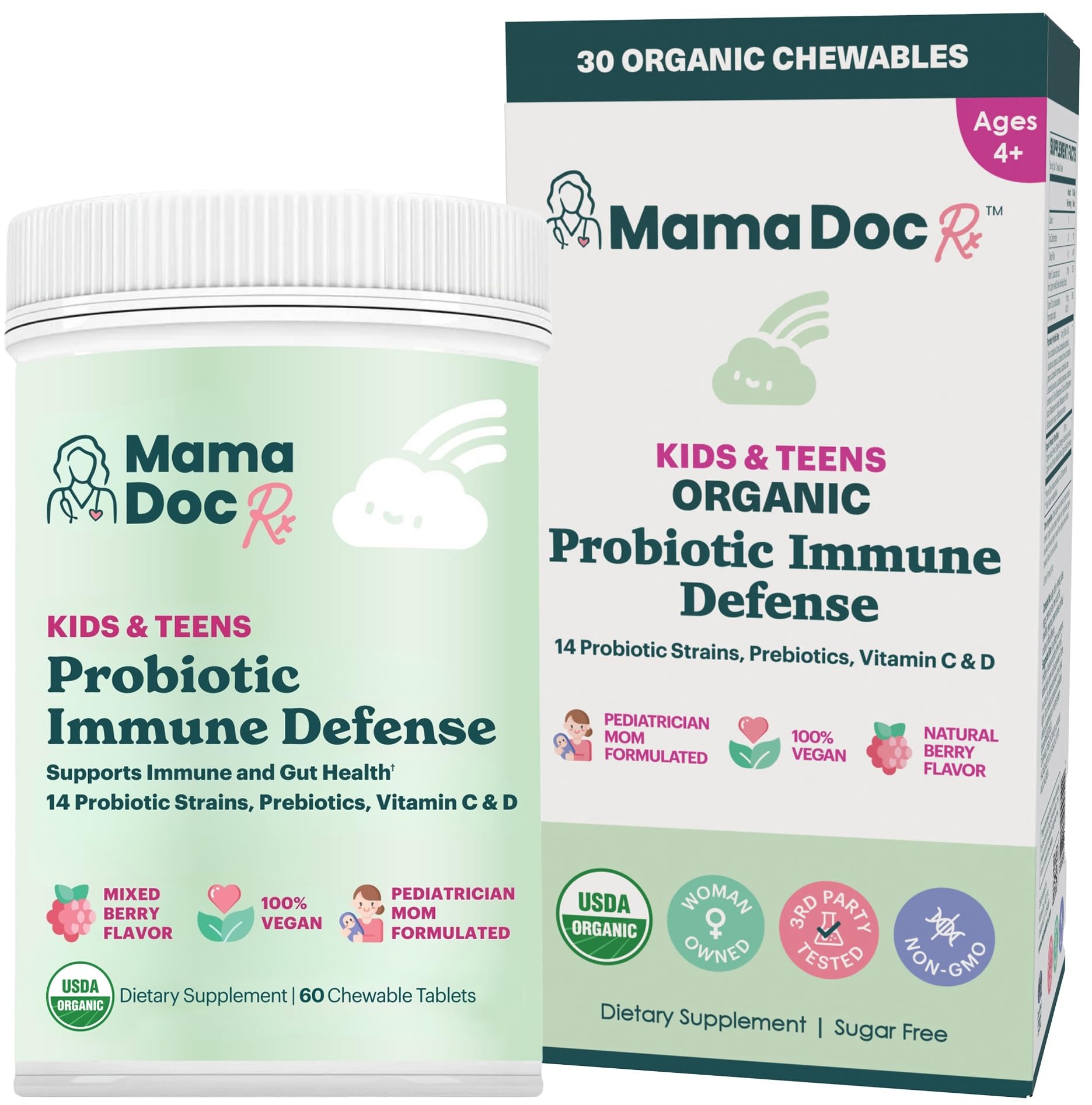 MamaDoc Rx Certified Organic Kids & Teens Probiotic Immune Defense - 5 Billion CFUs | Sugar Free, Vegan, Gluten-Free | 14 Probiotic Strains, Prebiotics, Vitamin C & D | 30 Chewable Tablets, Ages 4+ MamaDoc Rx Au supplements