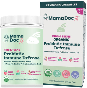 MamaDoc Rx Certified Organic Kids & Teens Probiotic Immune Defense - 5 Billion CFUs | Sugar Free, Vegan, Gluten-Free | 14 Probiotic Strains, Prebiotics, Vitamin C & D | 30 Chewable Tablets, Ages 4+ MamaDoc Rx Au supplements