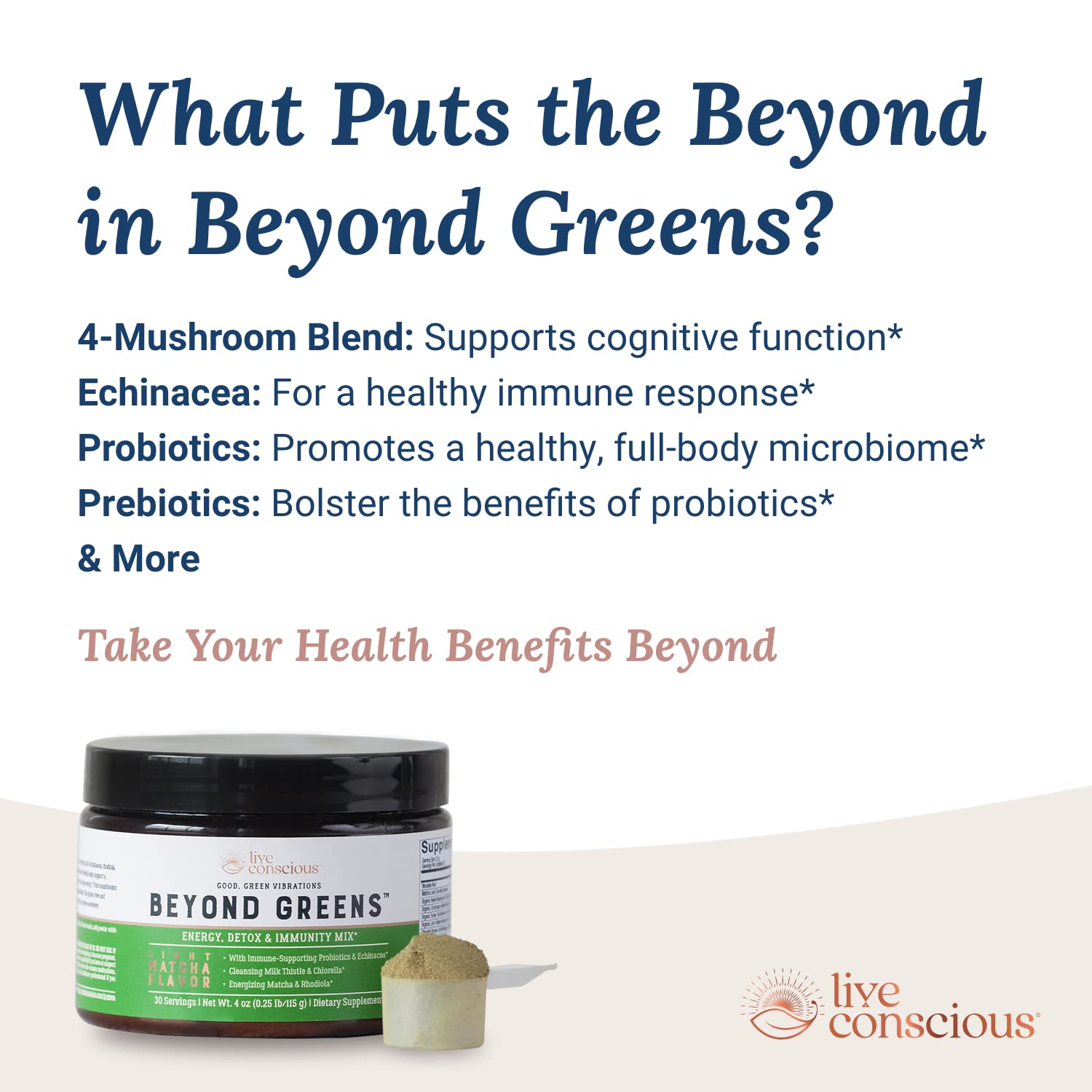 Live Conscious Beyond Greens Concentrated Superfood Powder - Matcha Flavor w/Chlorella, Echinacea, Probiotics for Immune Support & Energy - 30 Servings (2-Pack) Live Conscious Au supplements