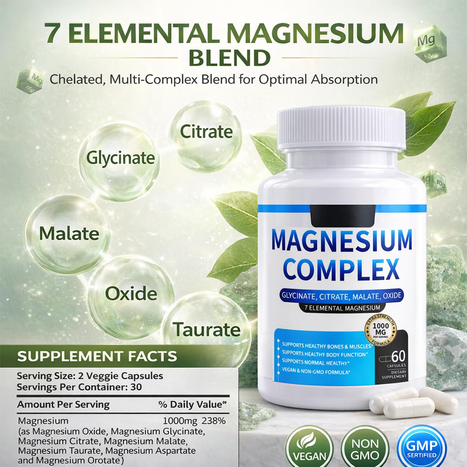 Magnesium Complex for Women & Men 1000mg — 7-in-1 Magnesium (Glycinate, Citrate & Malate) for Sleep Support, Stress Relief, Muscle Recovery — Vegan, 60 Capsules ElixAid Au supplements