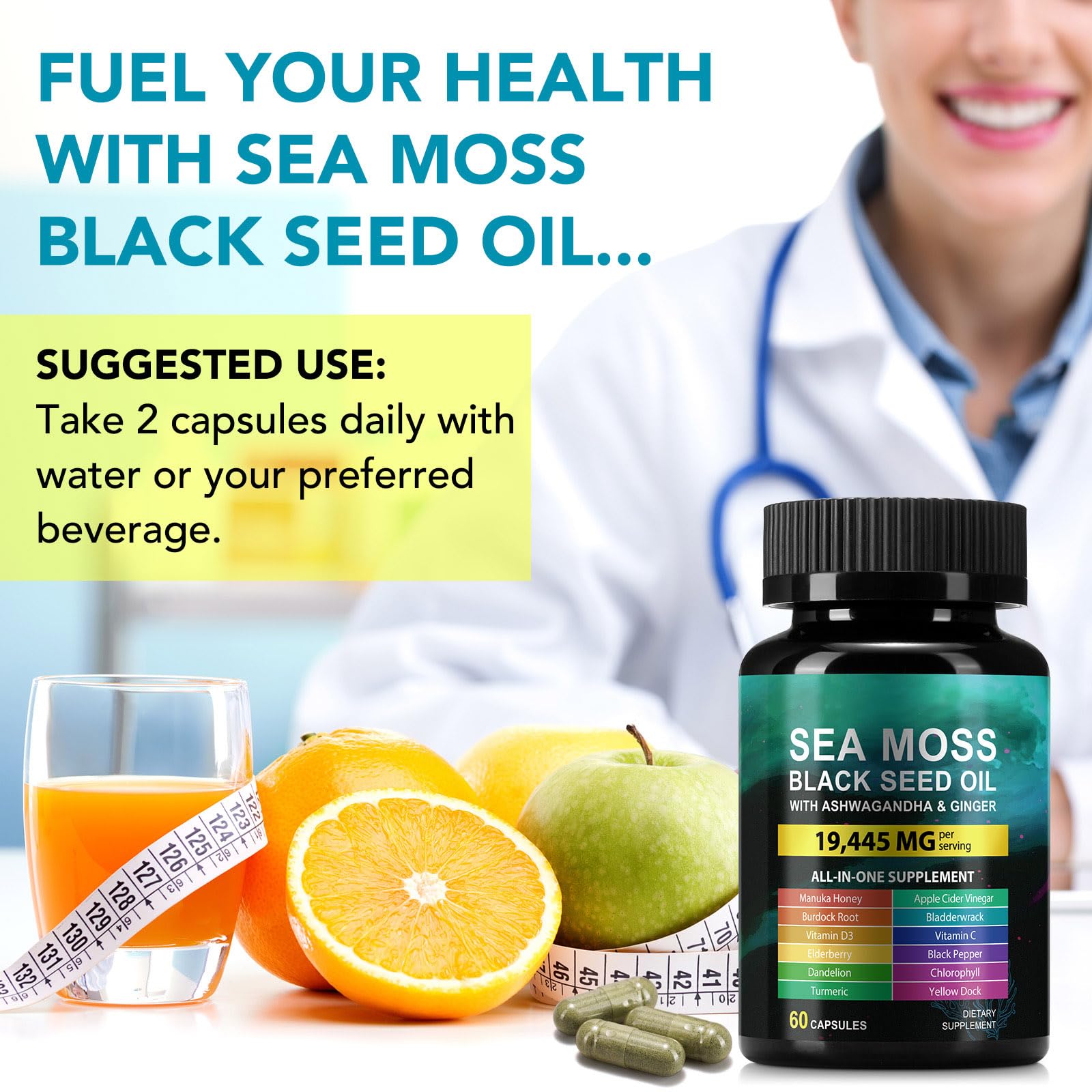 Sea Moss Black Seed Oil Ashwagandha Ginger Capsules, Seamoss Capsules Supplement with Bladderwrack Burdock & Vitamin C Vitamin D3 for Women & Men-Enhanced Immunity,60 Counts Vceeoy Au supplements