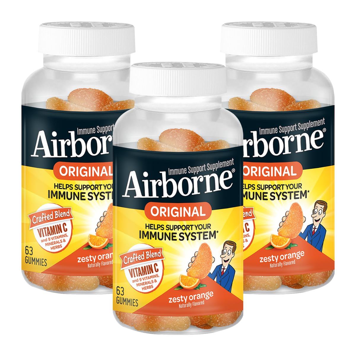 Airborne 750mg Vitamin C Immune Support Supplement Gummies for Adults, Zesty Orange Flavor, Gluten Free Crafted Blend with Powerful Antioxidants Vitamins A C & E, 63 Gummies (3 Pack) Airborne Au supplements