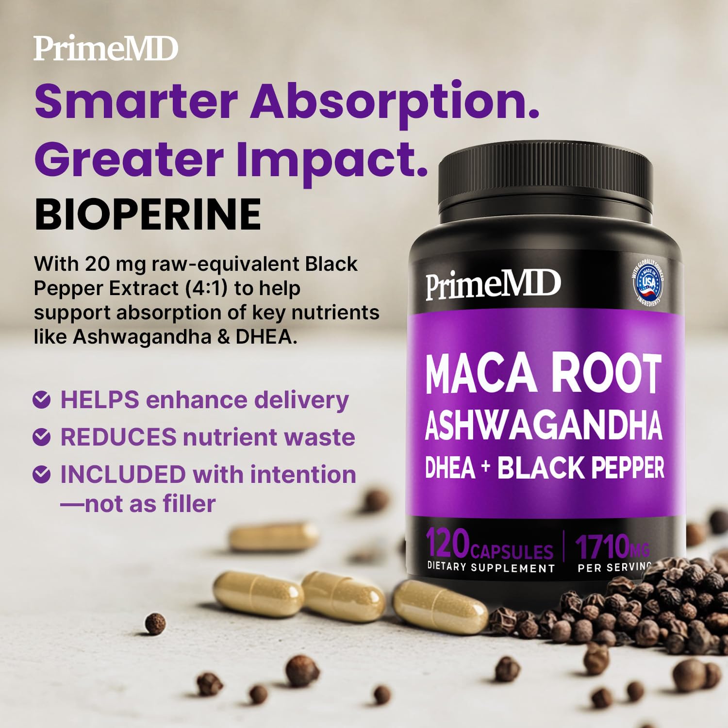 6-in-1 Organic Maca Root Ashwagandha Capsules 1710mg with DHEA and Black Pepper Fruit Extract for Women and Men - Black Maca Supplement for Stamina, Bone and Mood Support Supplement, 120ct (Pack of 3) PrimeMD Au supplements