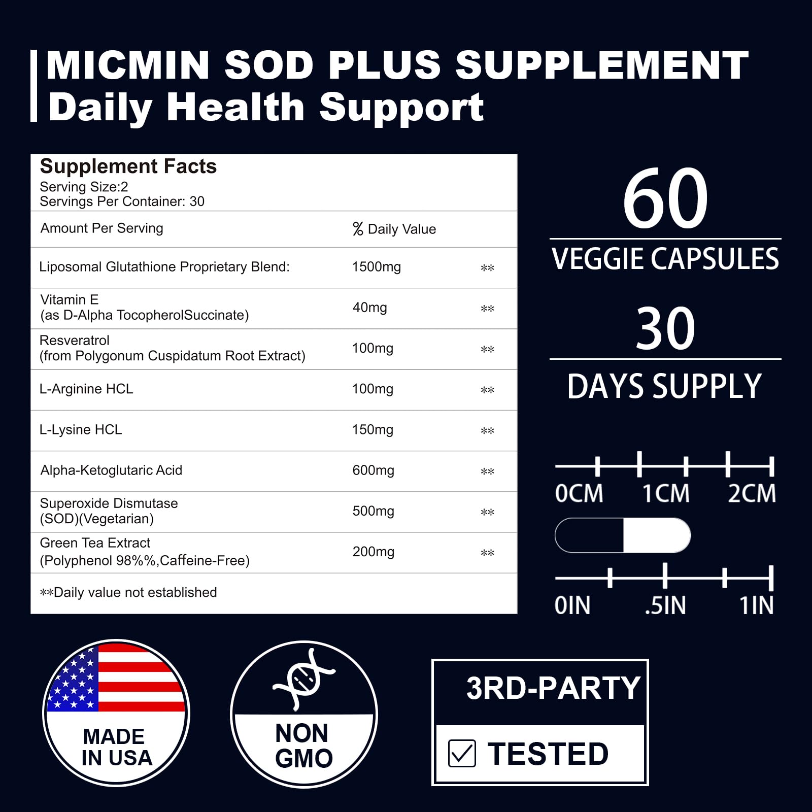 NICMIN 500MG Superoxide Dismutase Supplement - SOD Plus with Liposomal Glutathione, AKG, Green Tea Extract, L-Arginine, Lysine, Resveratrol and Vitamin E for Immune Support, Antioxidant 120 Capsules NICMIN Au supplements