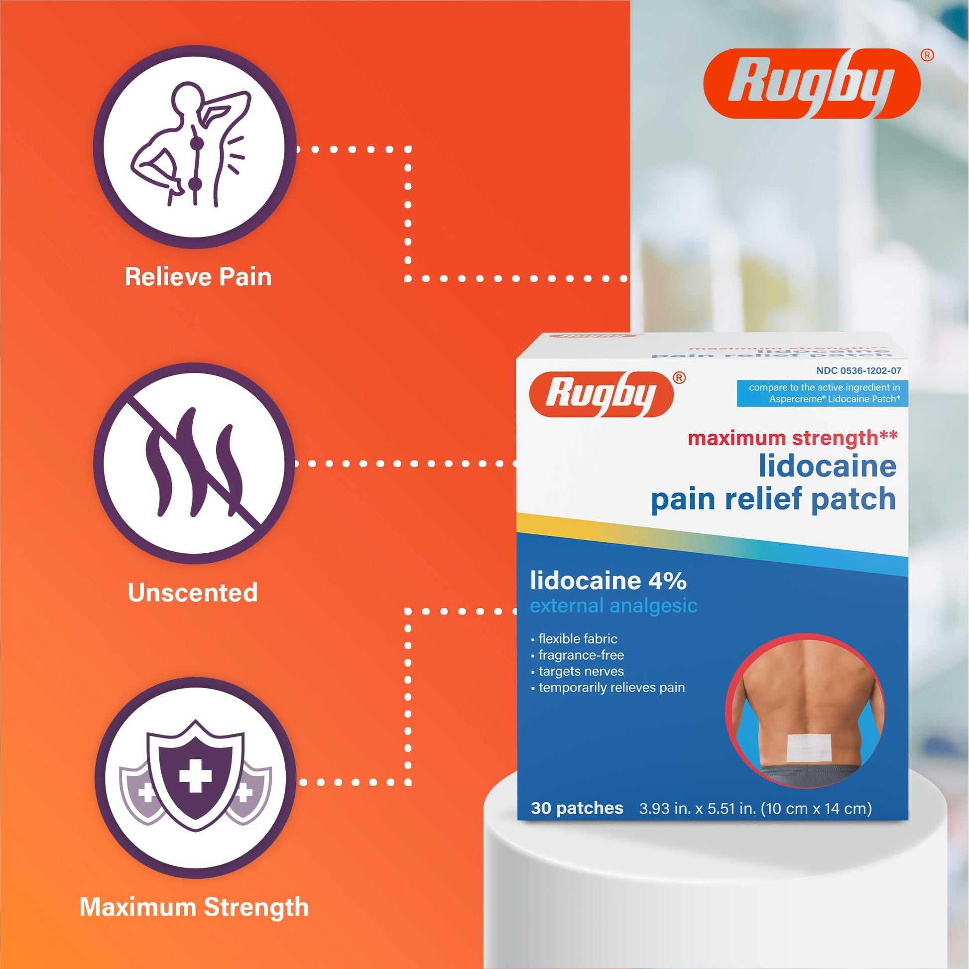 Rugby Maximum Strength Lidocaine Pain Relief Patch - 4% Lidocaine - Topical Anesthetic - Unscented - 30 Patches (1 Pack) RUGBY LABORATORIES Au supplements