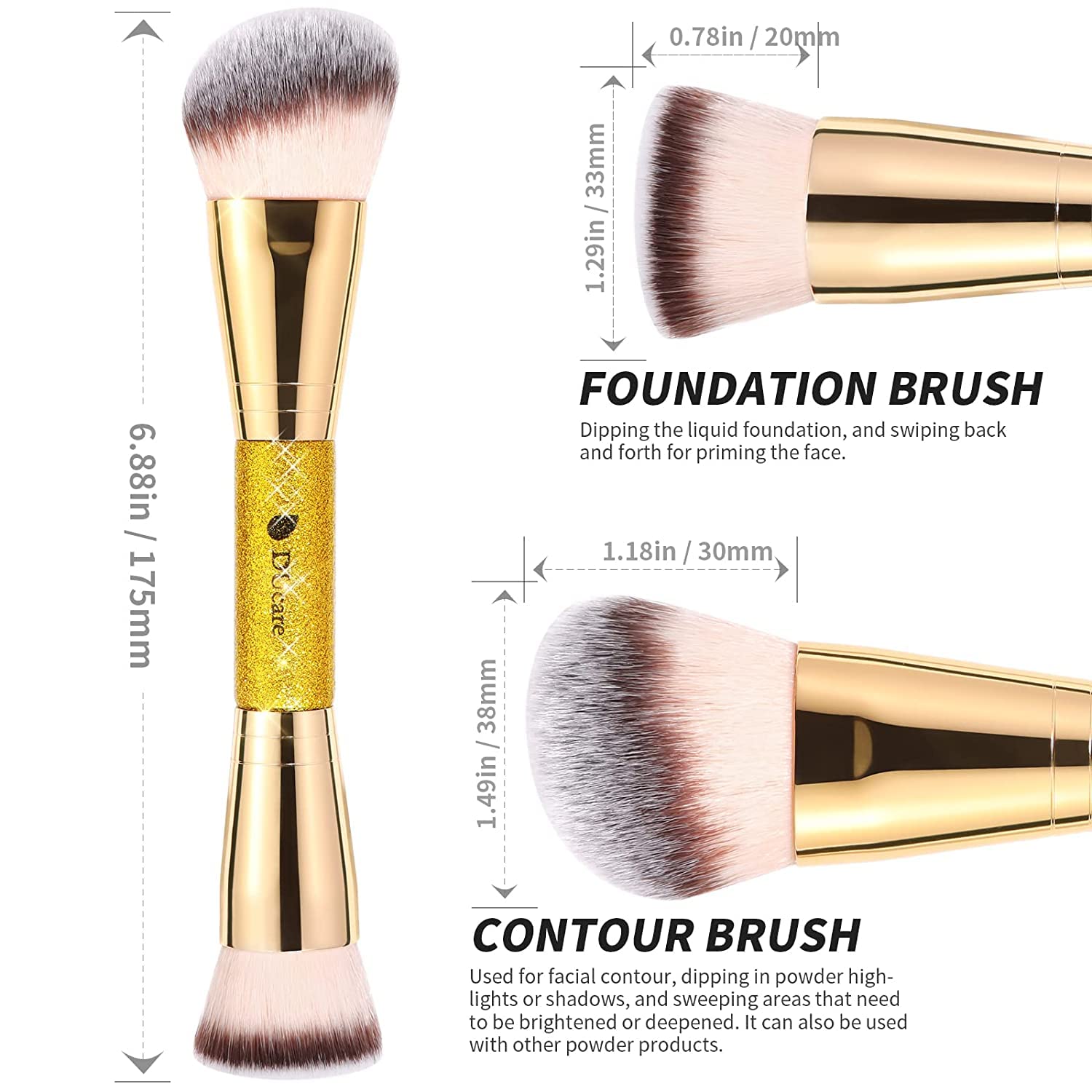 DUcare Dual End Foundation Contour Bronzer Brush, Gold Glitter Handle Double Ended Professional Face Makeup Tool for Liquid Cream Powder DUcare Au supplements