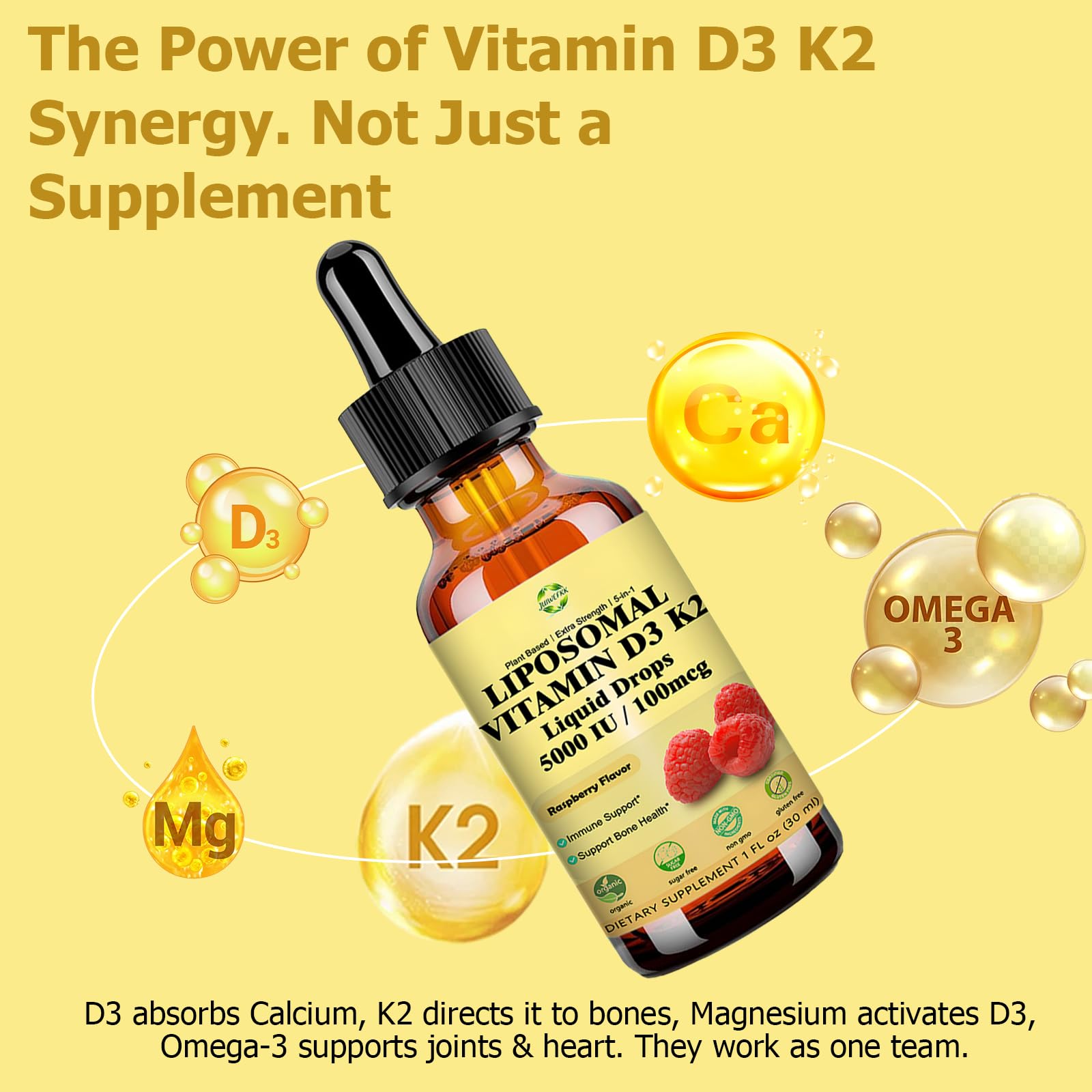 Liquid Vitamin D3 K2 Drops with Calcium Magnesium Omega3, High Potency 5-in-1 D3 K2 Vitamin 5000 IU Supplement for Bone Health, Heart Teeth & Immue, Ultra High Absorption Liposomal D3K2 Plant-Based JUIWEFKK Au supplements
