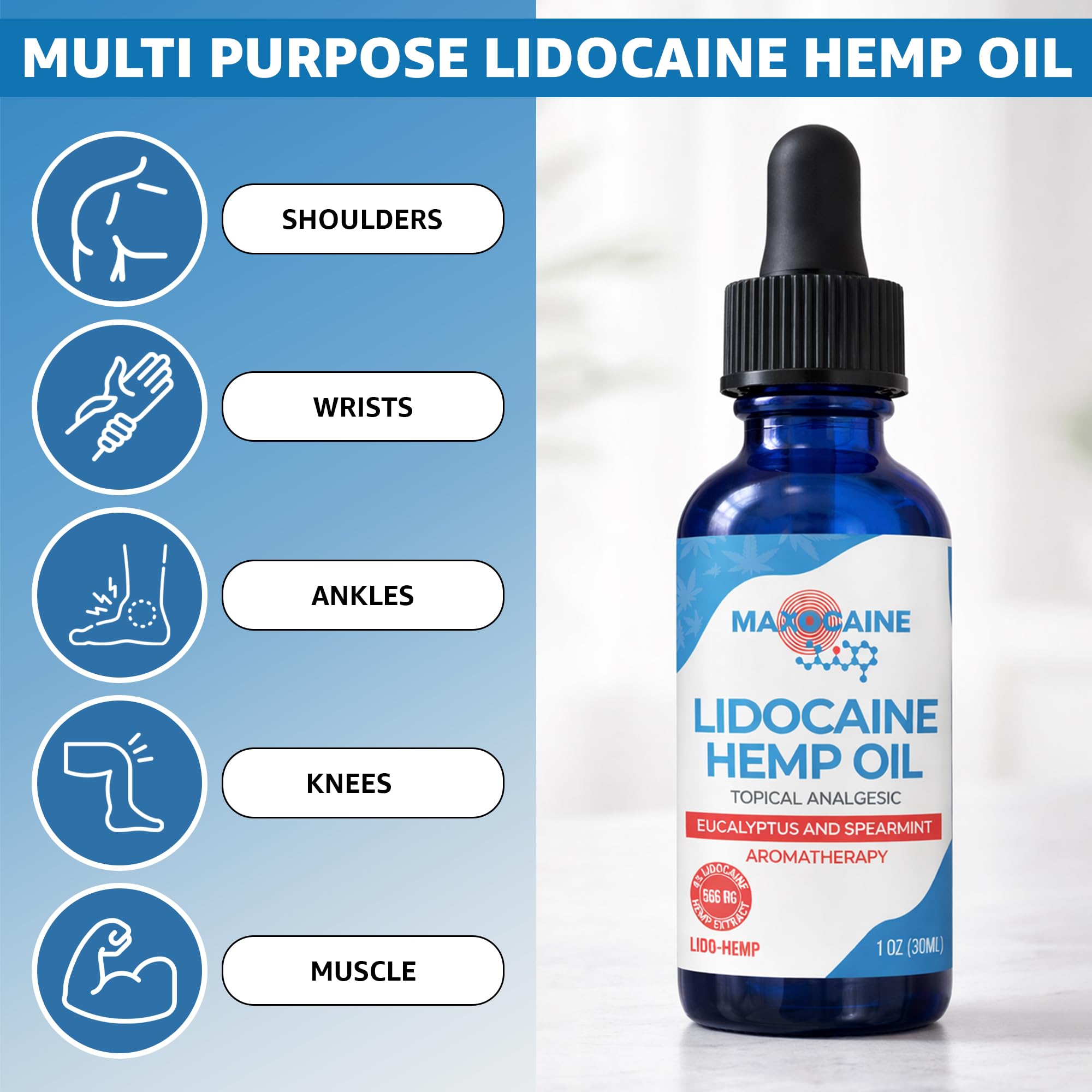 MAXOCAINE Lidocaine Hemp Oil 4% - Maximum Strength Topical Pain Relief, Fast Acting Soothing Oil for Muscle, Joint, Back & Arthritis Support, Cooling Eucalyptus & Spearmint, 1 oz (30 ml) MAXOCAINE Au supplements