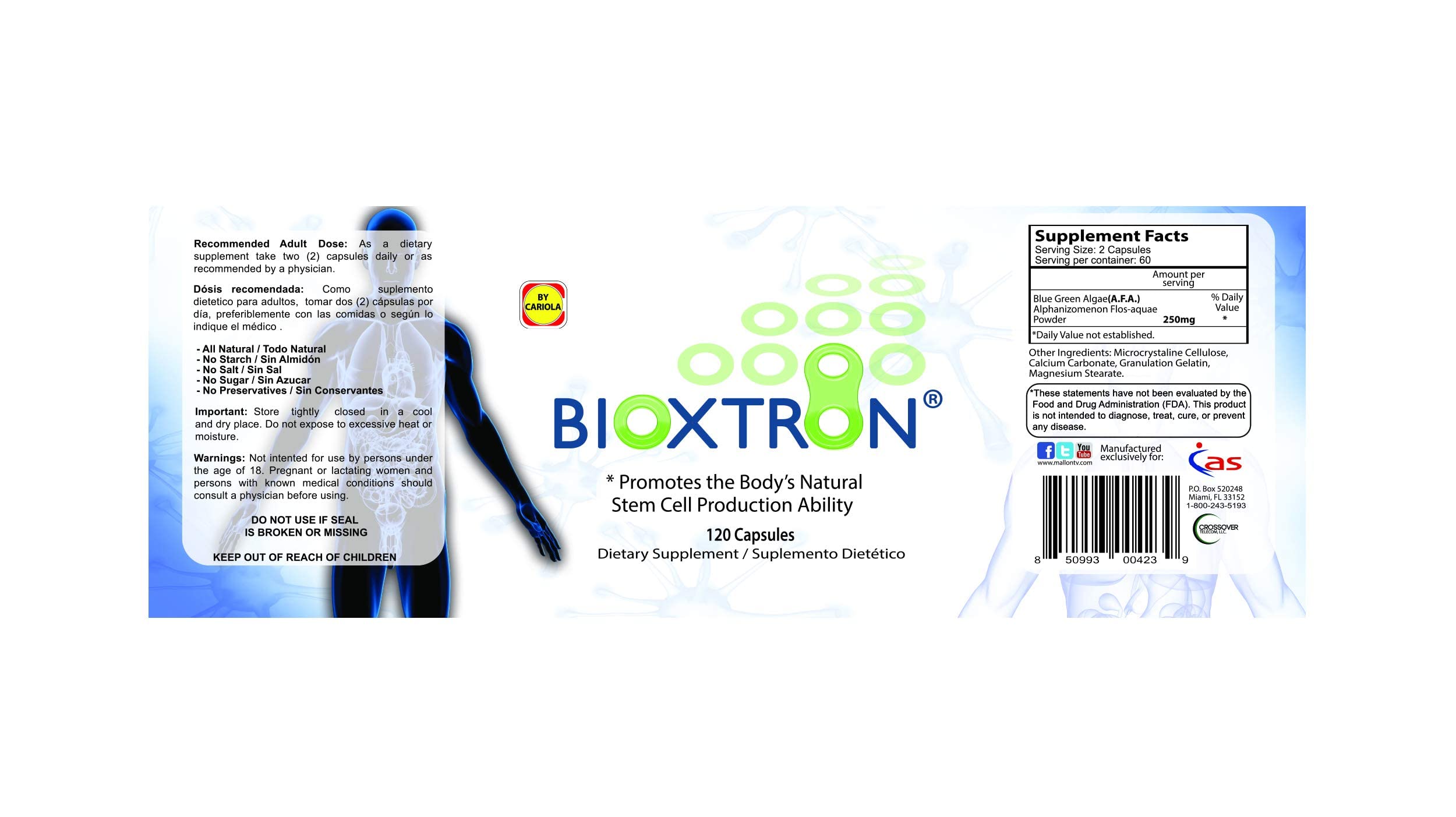 Bioxtron Natural AFA Stem Cell Supplement - Joint Support & Muscle Pain - Immune System Support - Natural Blue Green Algae Spirulina - 120 Caps Bioxtron Au supplements