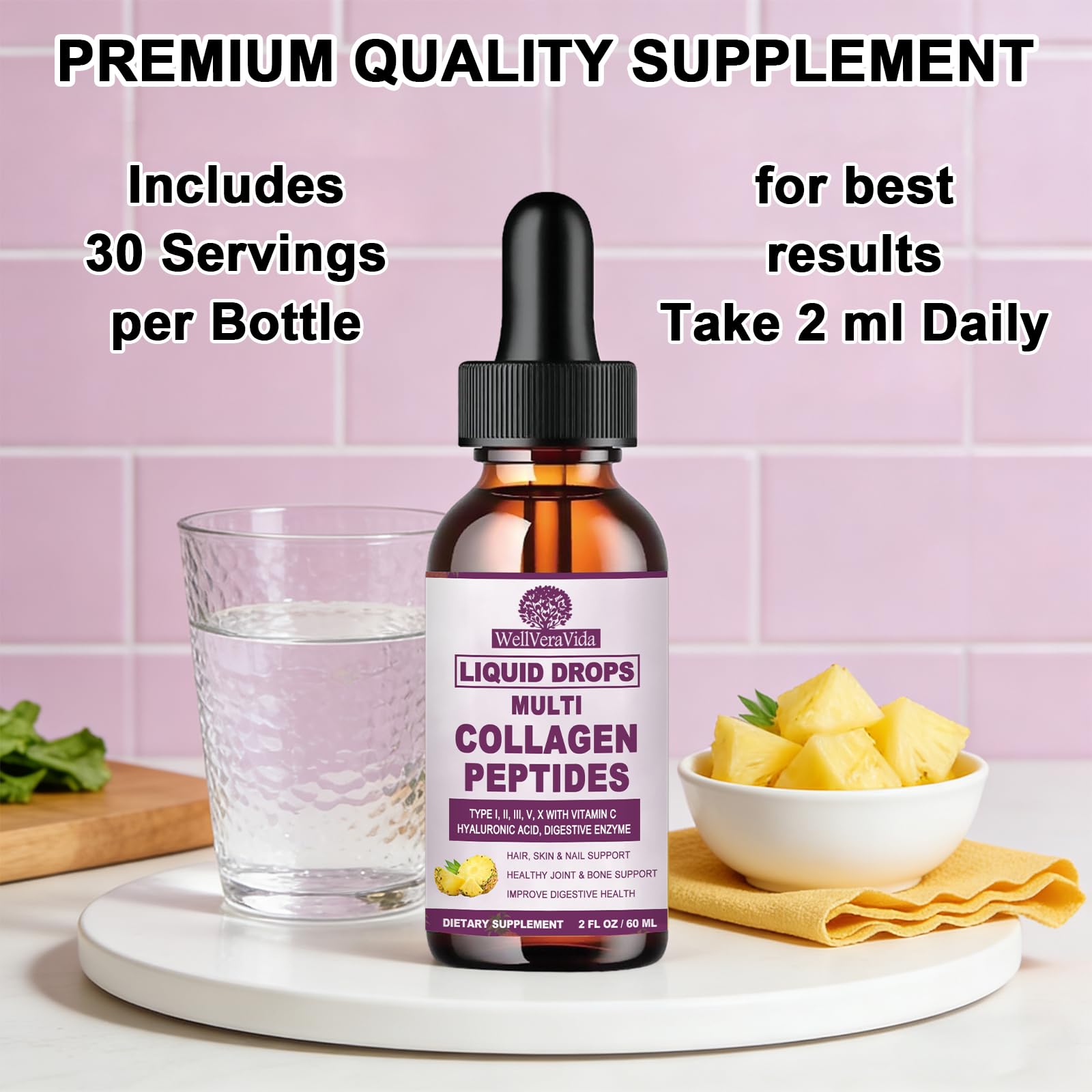 Multi Collagen Peptides Liquid Drops, 2oz – Types I, II, III, V, X, Hydrolyzed Collagen Complex for Hair, Skin, Nails, Bones & Joint Support | Collagen Supplement w. Hyaluronic Acid, Biotin, Vitamin C WellVeraVida Au supplements