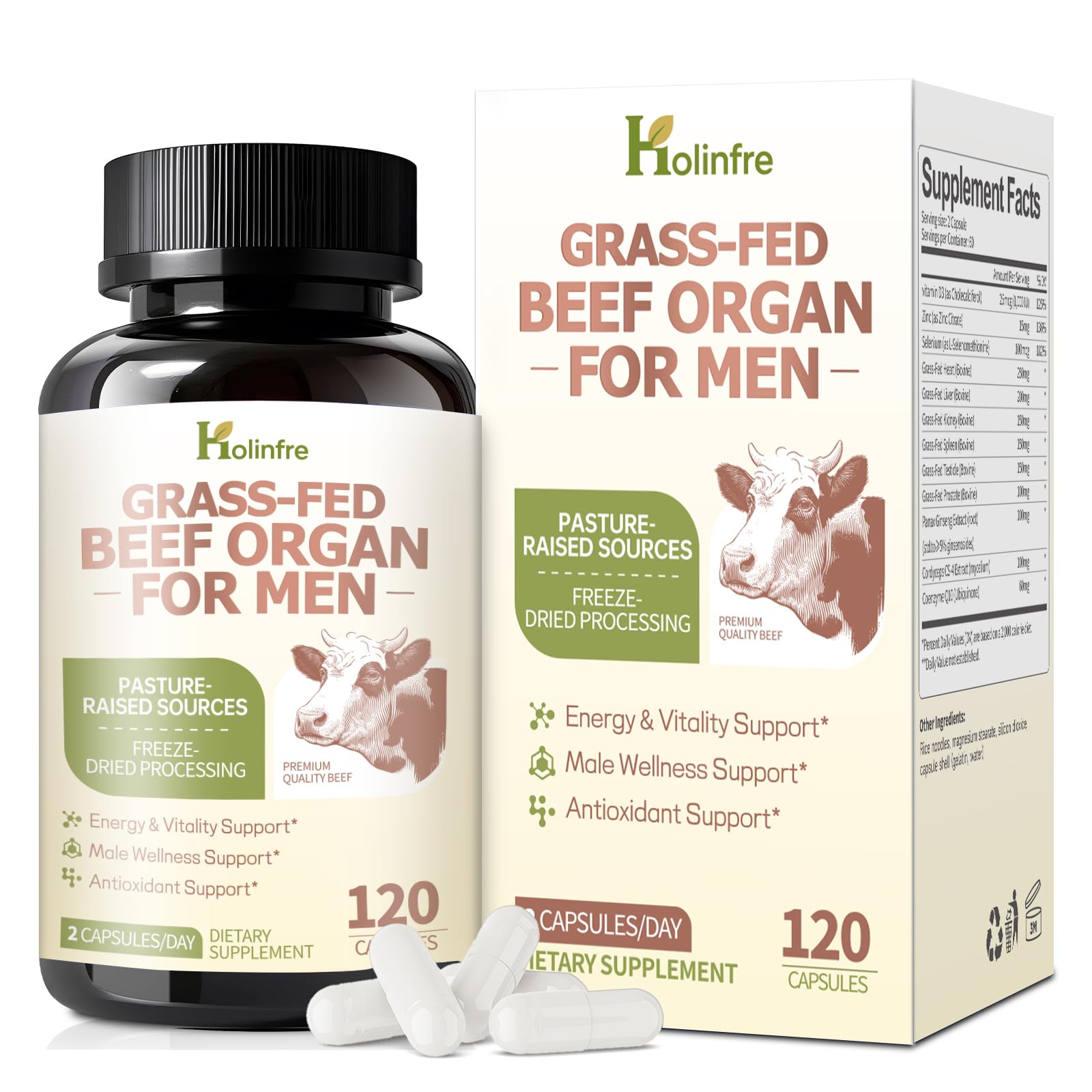 Grass Fed Beef Organ Supplement for Men - Beef Liver Capsules,Pasture Raised Beef Organs with Heart, Liver, Kidney, Spleen, Testicle & Prostate, Zinc, Selenium, Vitamin D3, Ginseng, Cordyceps HOLINFRE Au supplements
