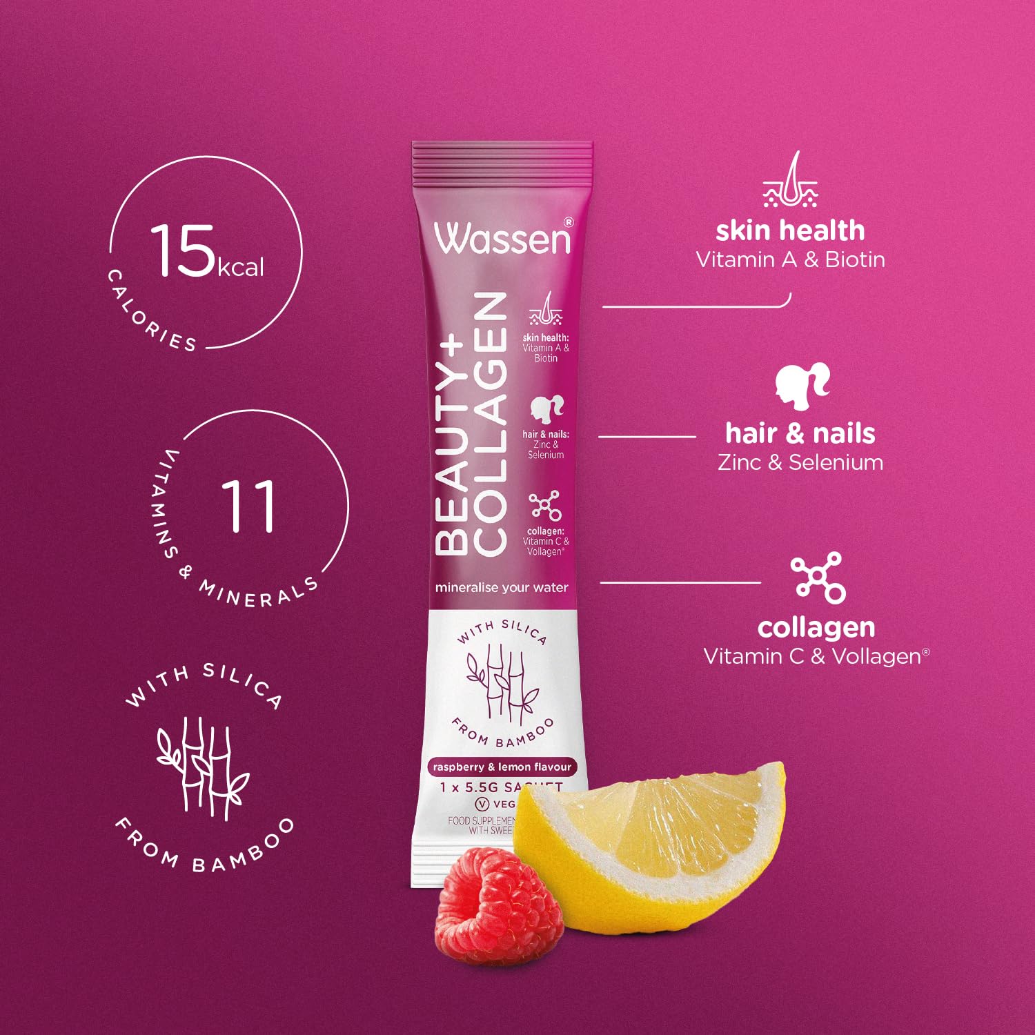 Wassen Beauty and Collagen - Plant-Based Vegan Collagen - 14 Raspberry & Lemon Flavoured Sachets Wassen Au supplements