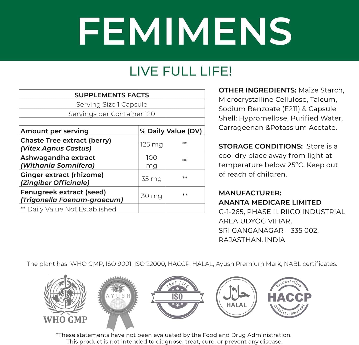 FEMIMENS – PMS Support Supplement for Women – PMS Relief for Women & Menstrual Cramp Relief – Hormonal Balance for Women – Chasteberry Vitex, Ashwagandha, Ginger, Fenugreek – 120 Vegan Capsules Ananta Medicare USA Au supplements