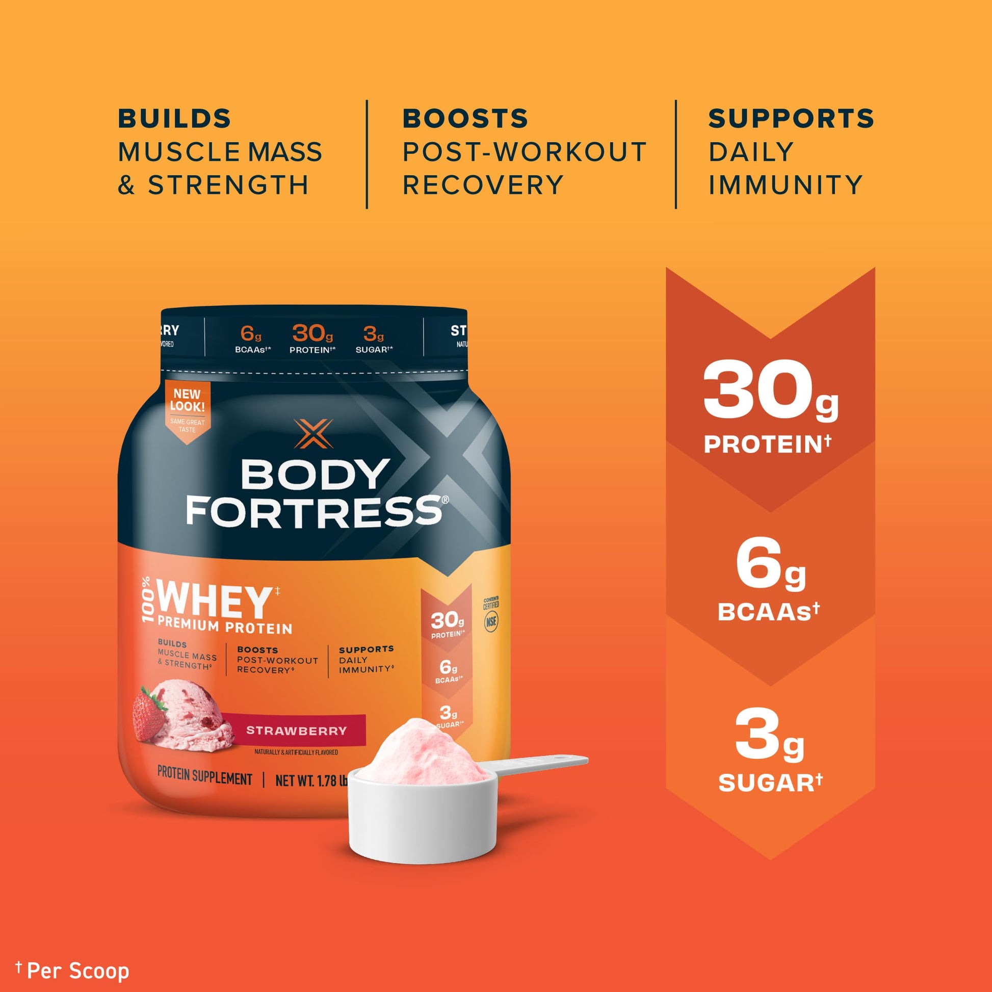 Body Fortress 100% Whey, Premium Protein Powder, Strawberry, 1.78lbs Packaging May Body Fortress Au supplements