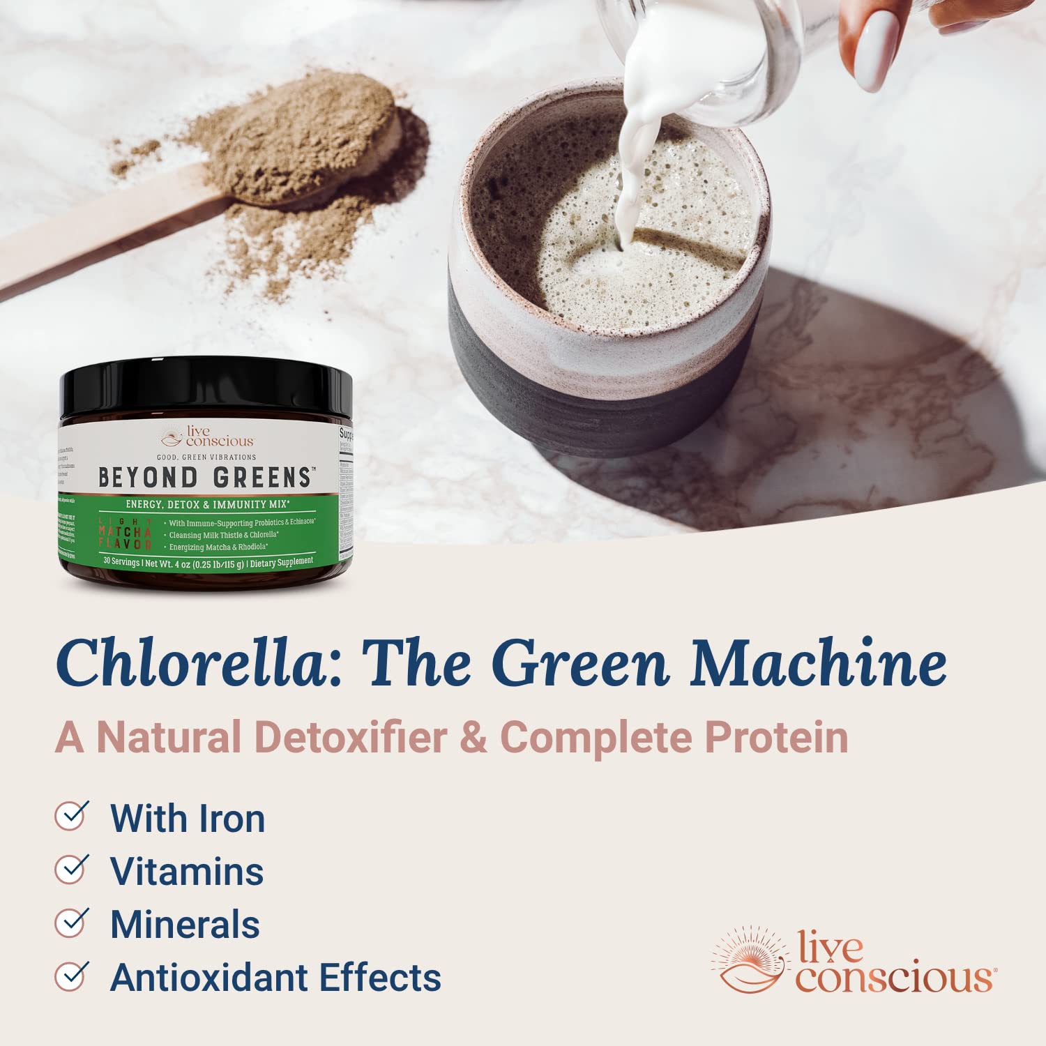 Live Conscious Beyond Greens Concentrated Superfood Powder - Matcha Flavor w/Chlorella, Echinacea, Probiotics for Immune Support & Energy - 30 Servings (2-Pack) Live Conscious Au supplements