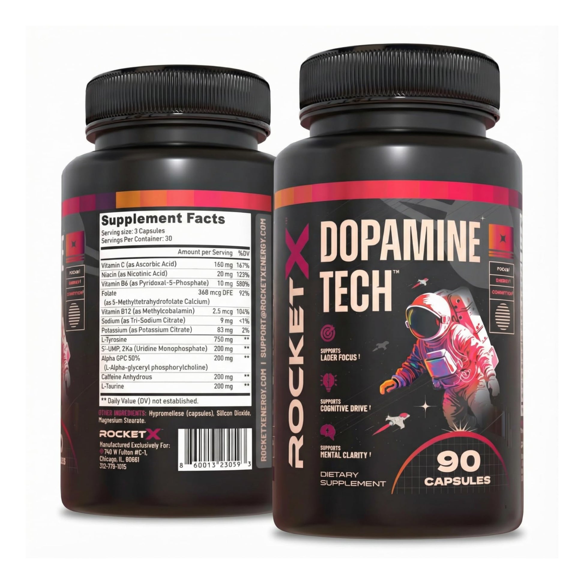 RocketX Dopamine Tech Brain Food Supplement, with L-Tyrosine and B Vitamins for Focus, Mental Clarity and Cognitive Drive, Vegan Capsules, 90 Capsules RocketX Energy Au supplements