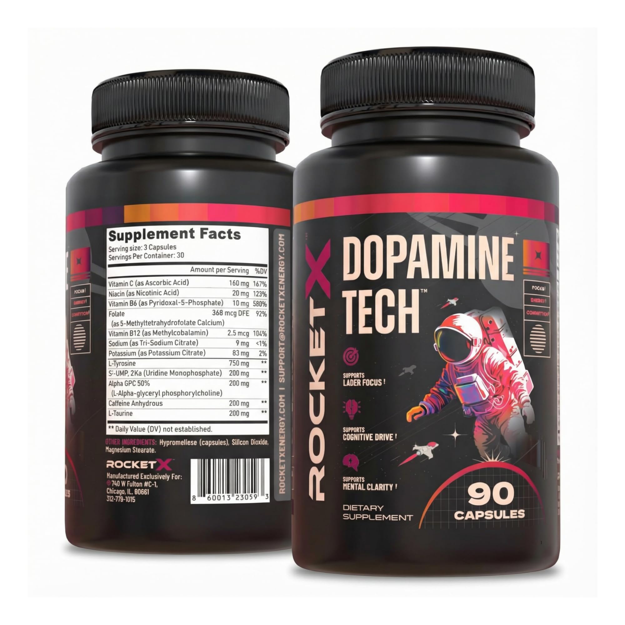 RocketX Dopamine Tech Brain Food Supplement, with L-Tyrosine and B Vitamins for Focus, Mental Clarity and Cognitive Drive, Vegan Capsules, 90 Capsules RocketX Energy Au supplements