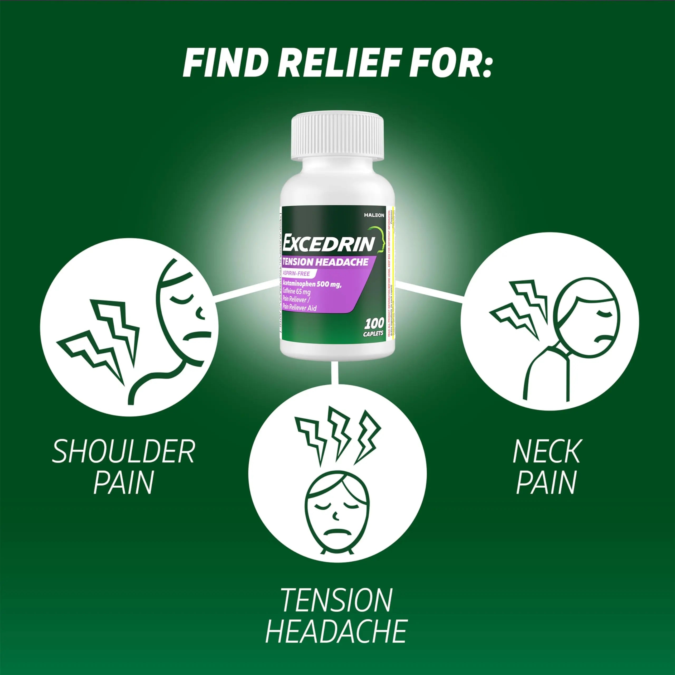 Excedrin Tension Headache Relief Caplets, Acetaminophen 500mg, Caffeine 65mg, Pain Reliever, Aspirin-Free, 100 Count Excedrin Au supplements
