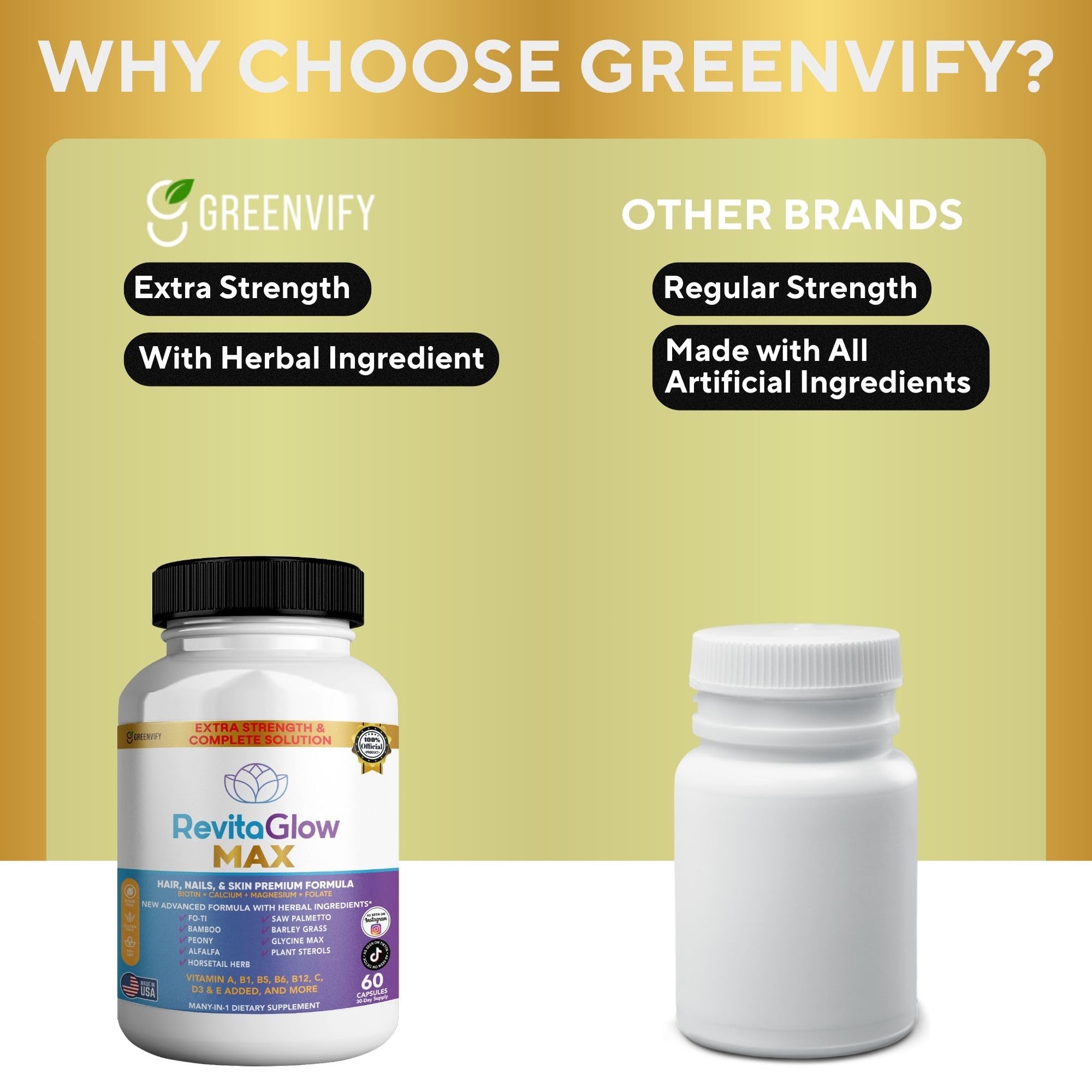 GREENVIFY RevitaGlow Max Hair, Nails & Skin Premium Formula, 60 Capsules, 30-Day Supply, with Biotin, Vitamins A, B1, B5, B6, B12, C, D3, E (1) GREENVIFY Au supplements