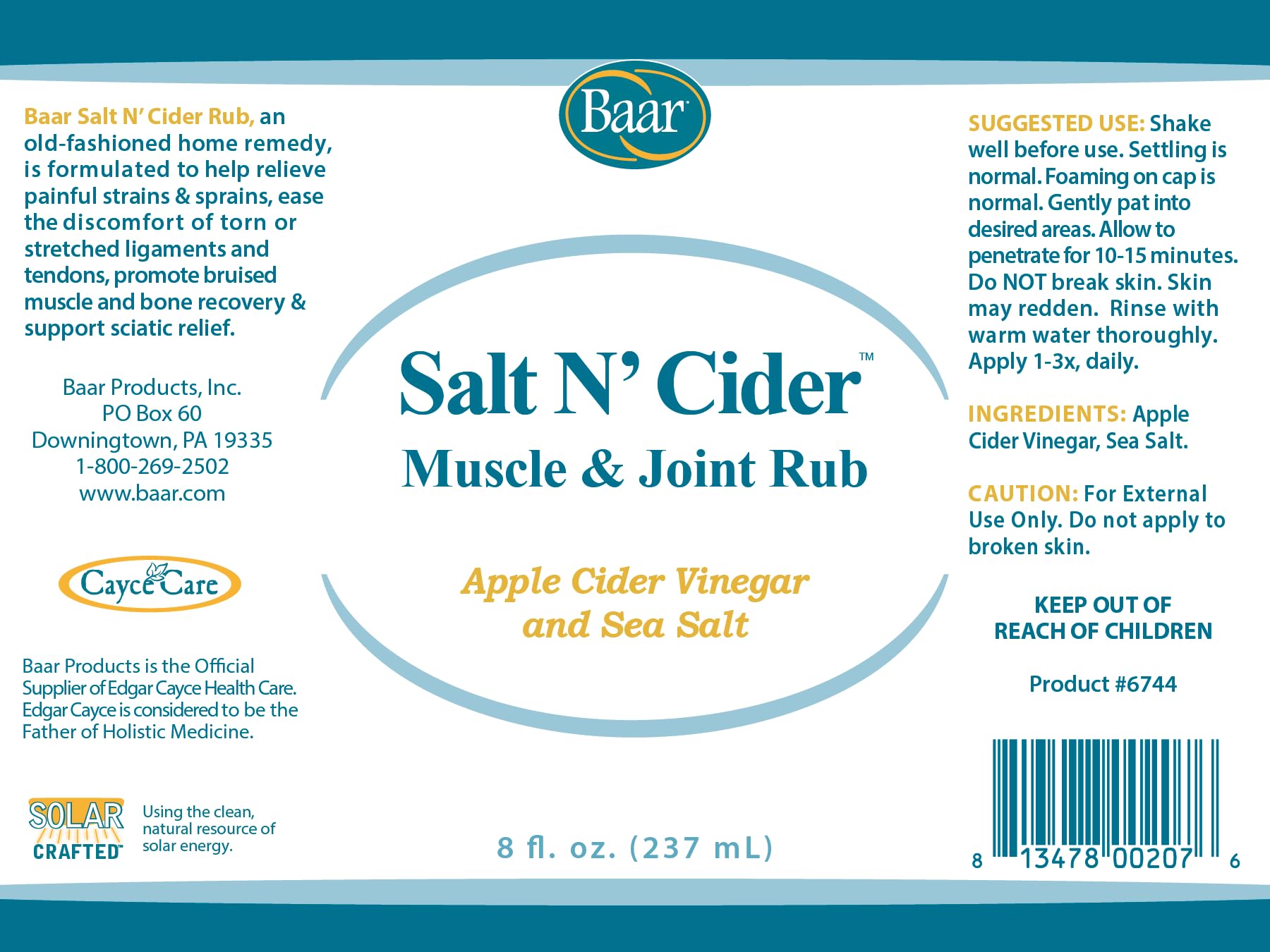 Baar Salt N' Cider Rub - Aids Bruised Ligaments & Tendons, Strains, Sprains & Bone Recovery, 8 fl. oz. Baar Au supplements