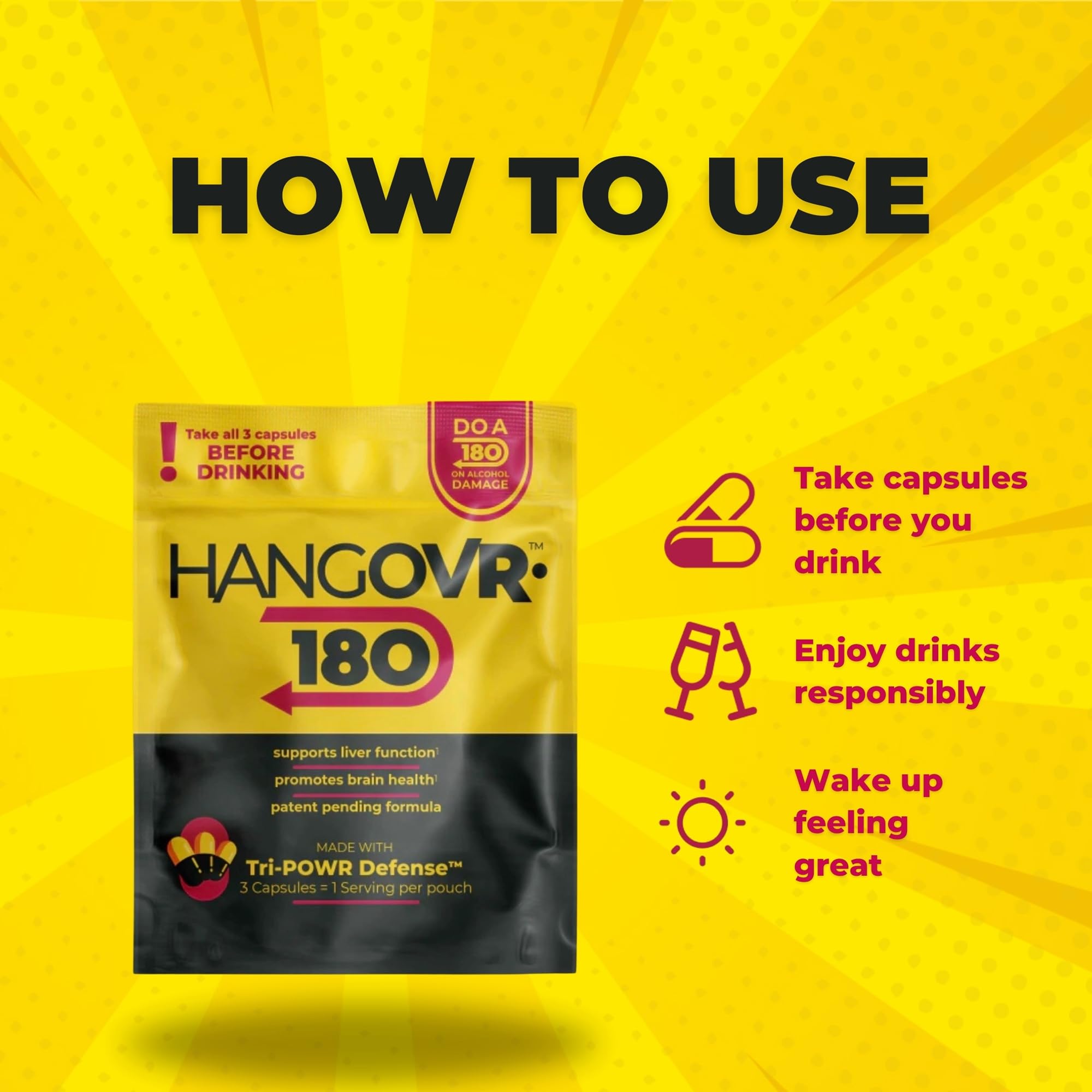 Hangovr 180 Tri-Power Before Drinking Defense 4 Pack - Support Liver & Brain Health, Feel Fresher & Better Energy - - Take Before Drinking for Relief, 3 Capsules per Pouch HANGOVR-180 Au supplements