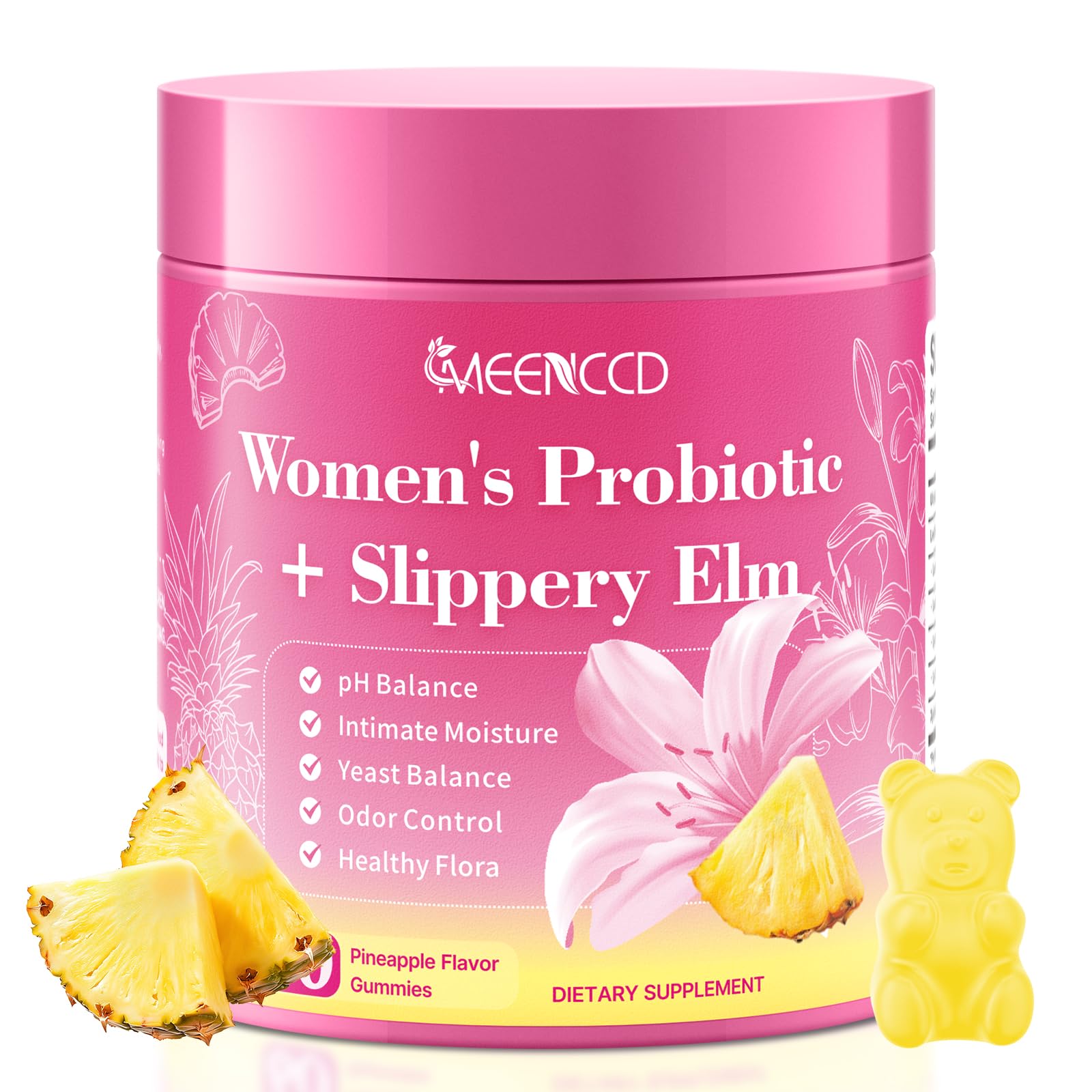 MEENCCD Her Juicy Feminine Probiotics Gummies with Slippery Elm & Lactobacillus Blend, Supports pH Balance & Immune Function, Promotes Vaginal Wellness, Pineapple Flavor, 60 Count MEENCCD Au supplements