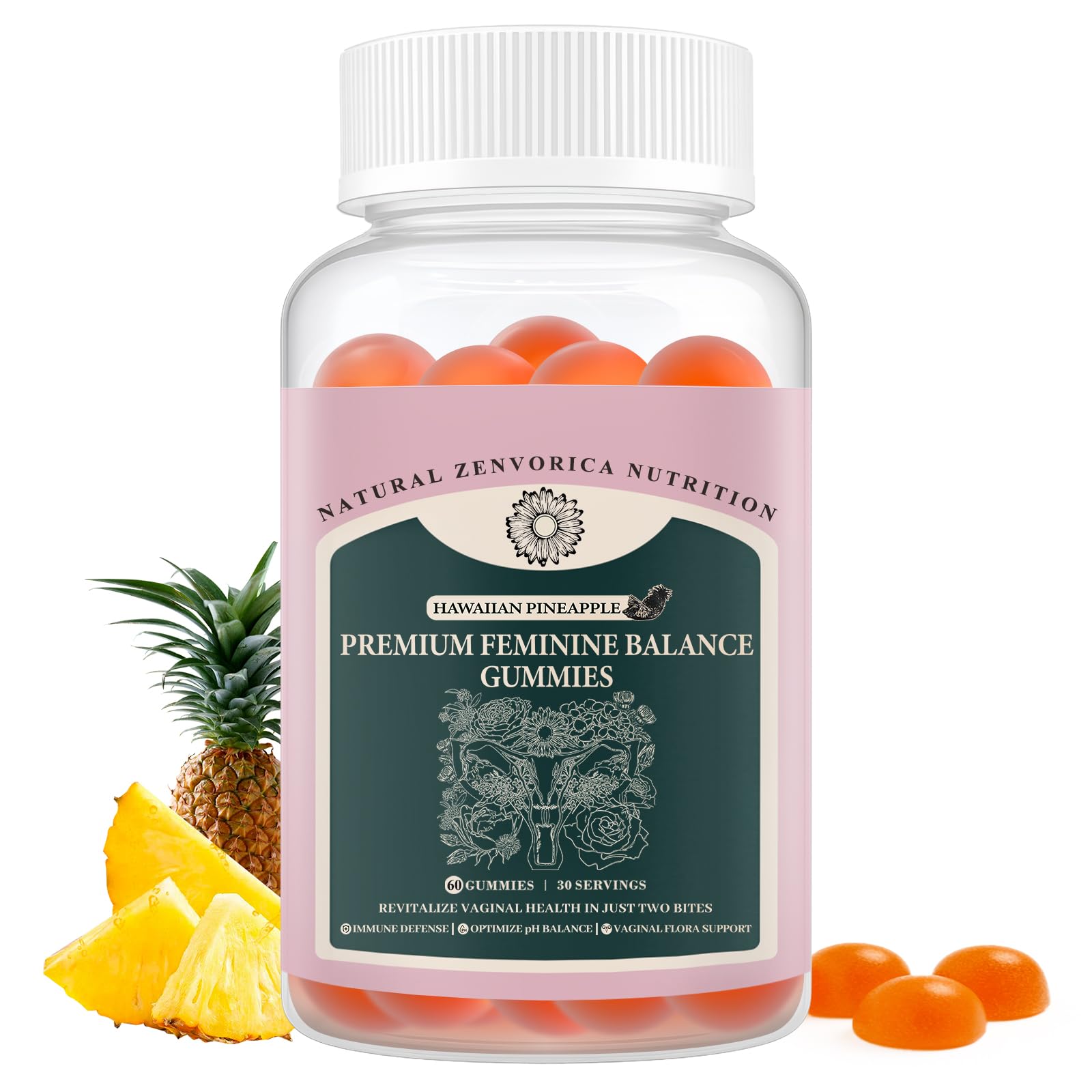 Zenvorica Premium Feminine Balance Gummies for Women - Hawaiian Pineapple pH Balance Probiotic Gummies for Odor and Flora Wellness, Immune Support, Vegan, 60 Count Zenvorica Au supplements