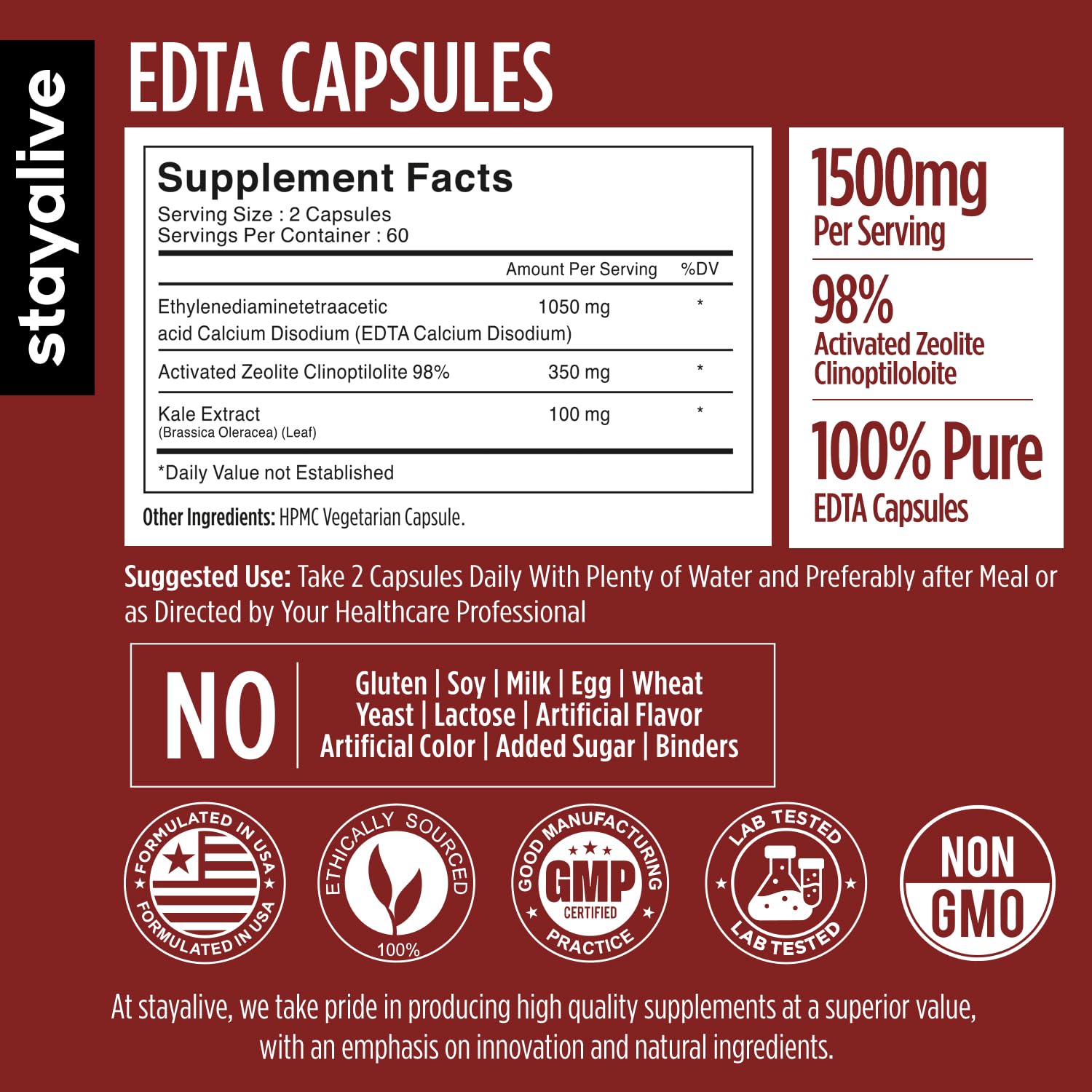 STAY ALIVE EDTA Capsules 1500mg with Zeolite 98% and Kale Extract Powder, 120 Pills, Non-GMO & Gluten Free Calcium Disodium EDTA Supplement STAY ALIVE Au supplements