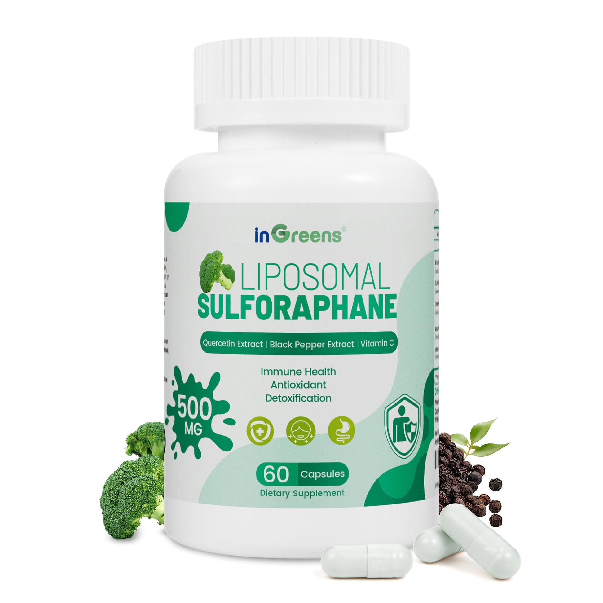 Liposomal Sulforaphane 500mg Supplement from Broccoli Extract with Quercetin, Black Pepper & Vitamin C – Antioxidant, Detox & Cellular Support, Cellular Health Formula for Men & Women, 60 Capsules inGreens Au supplements