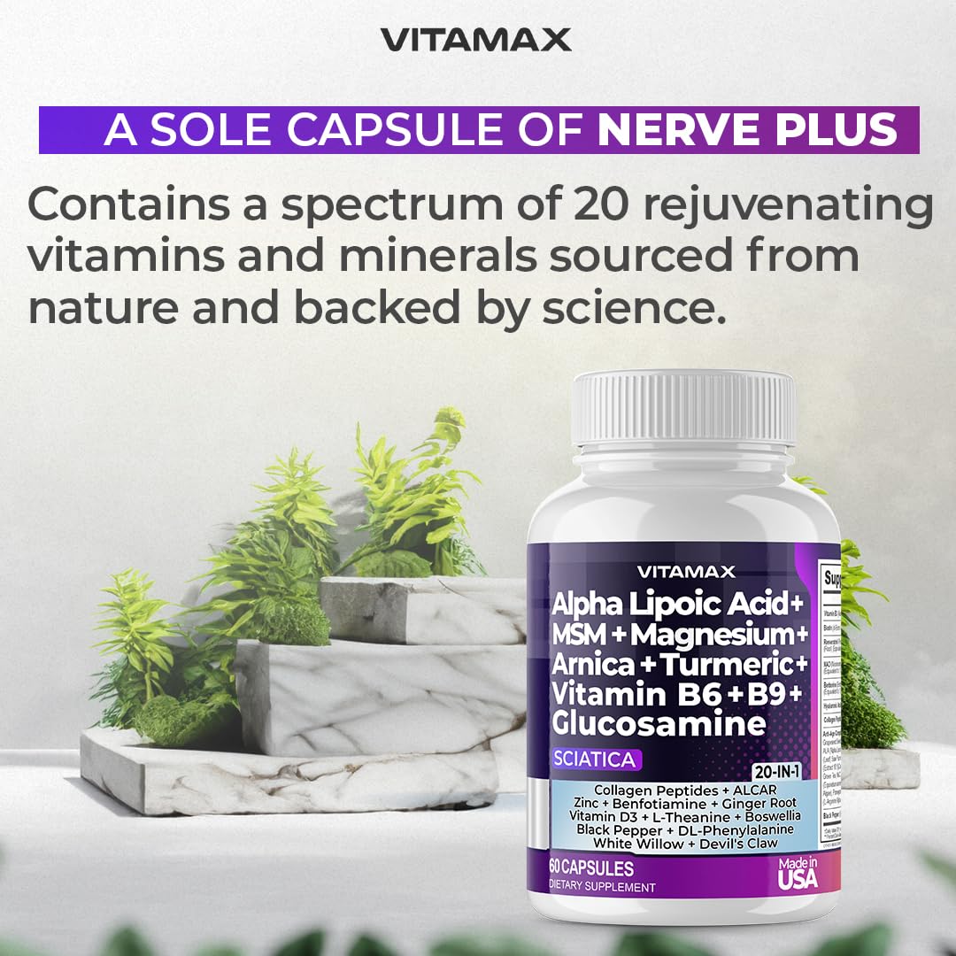 Sciatic Nerve Health Support - Sciatic Nerve Supplement Capsules with Folic Acid, Pea, Glucosamine, MSM, Vitamin B Complex, Alpha Lipoic Acid 300mg – 60ct – Made in USA Vitamax Au supplements