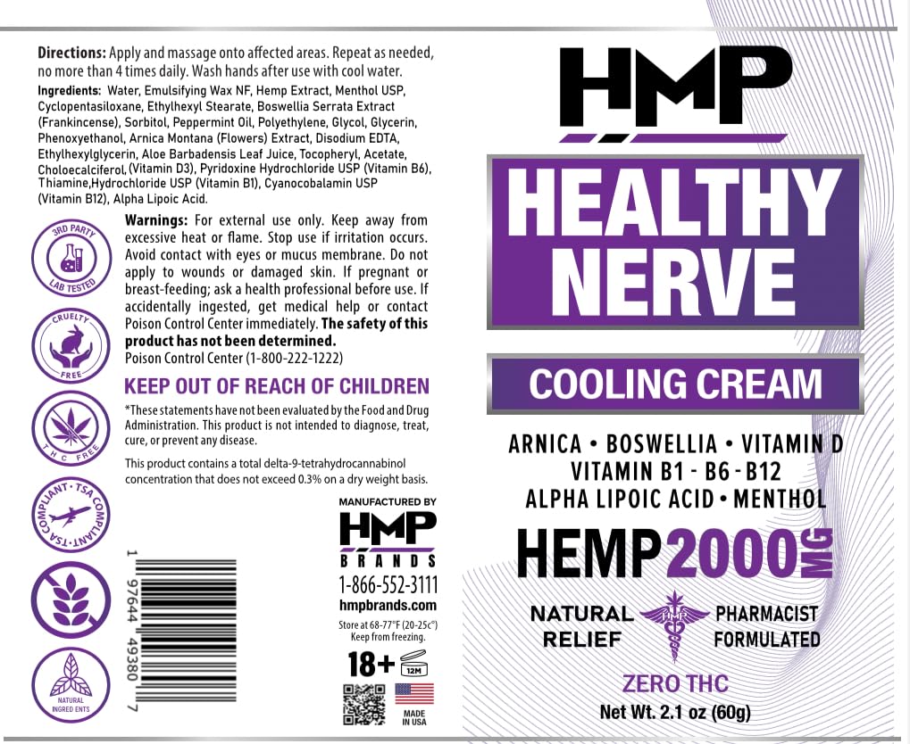 HMP BRANDS Neuropathy Cream Nerve Hemp Cream 2000mg Maximum Strength for Feet, Hands, Legs, Toes, Back. Natural Arnica, Vitamin D3 B1 B6 B12 w Menthol, Made in USA 2.1oz HMP BRANDS Au supplements
