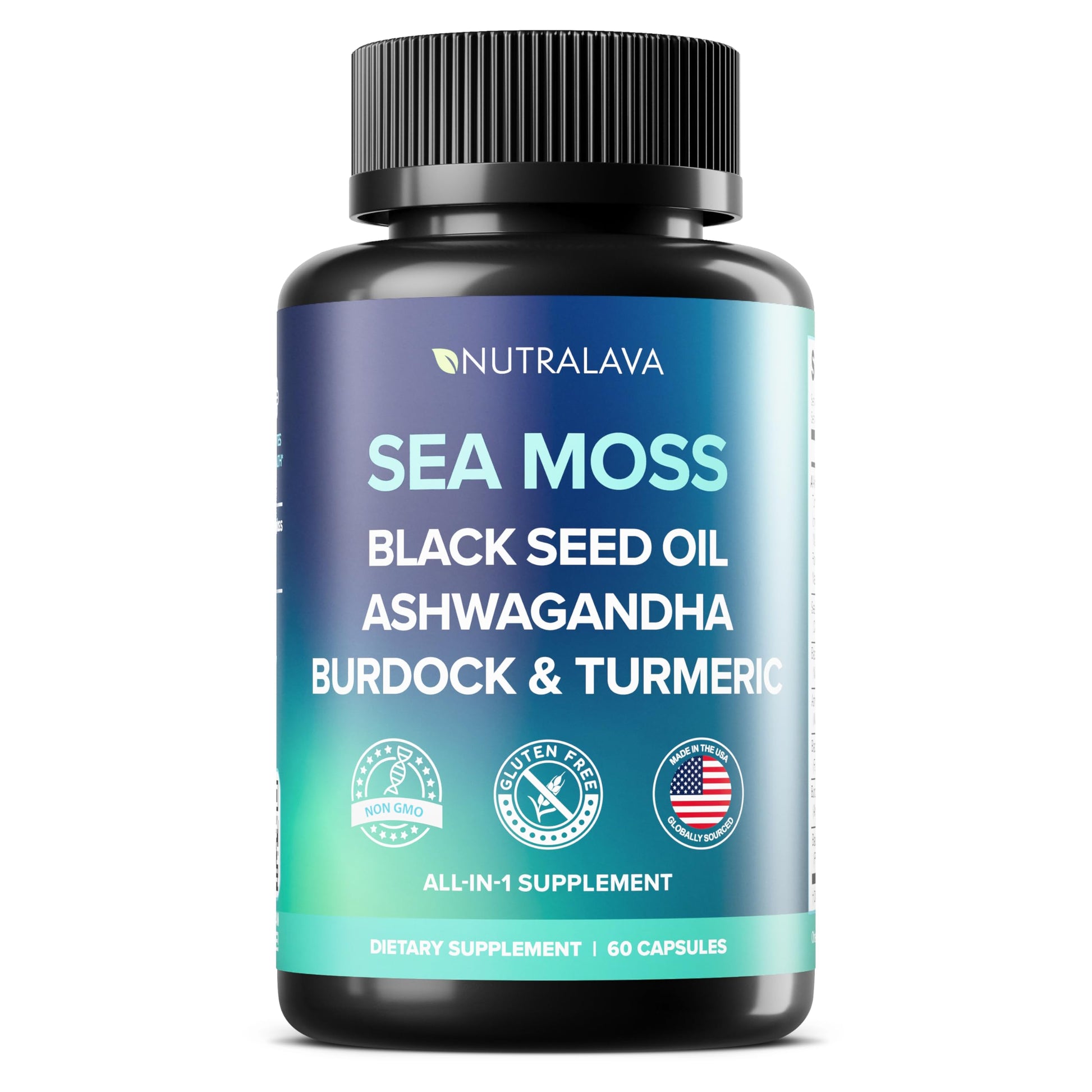 NUTRALAVA Sea Moss Pills, All-in-One Blend with Irish Sea Moss Black Seed Oil Ashwagandha, Sea Moss Capsules for Women and Men - Gluten-Free, Non-GMO, 60 Capsules NUTRALAVA Au supplements