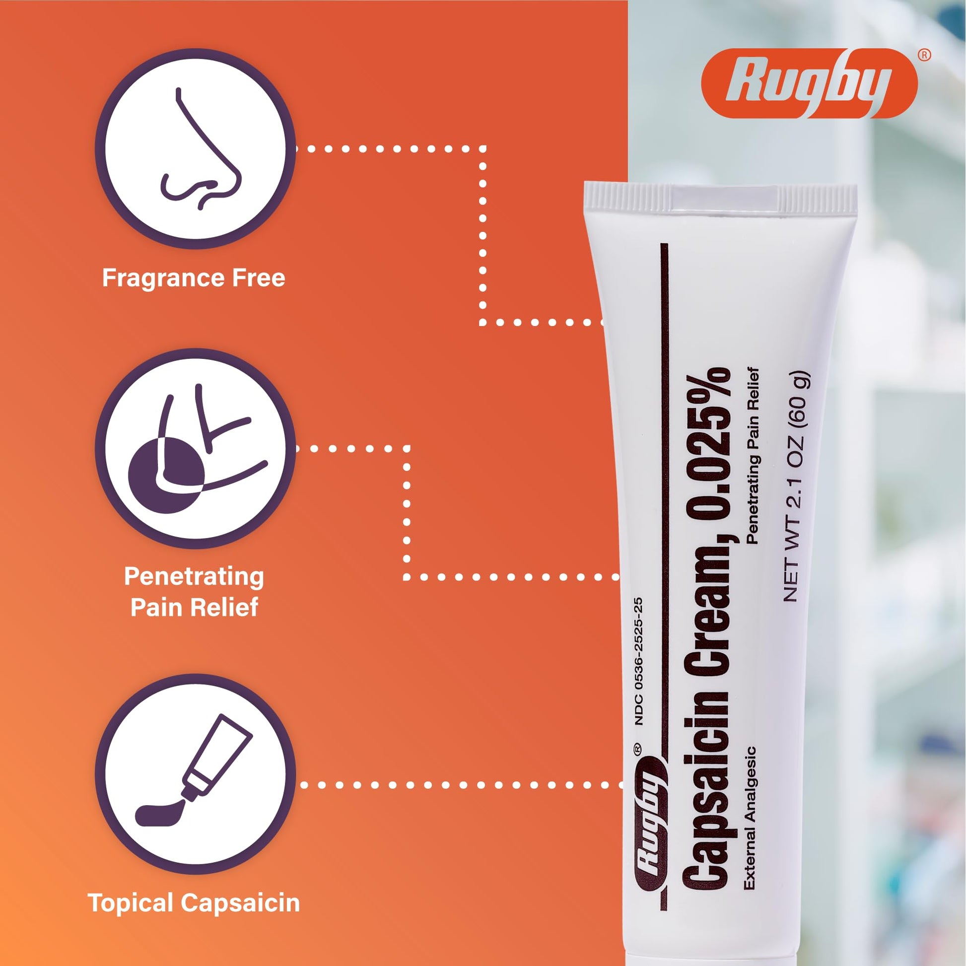 Rugby Capsaicin 0.025% Cream for Penetrating Pain Relief - 2.1 Oz (60g) (6 Pack) RUGBY LABORATORIES Au supplements