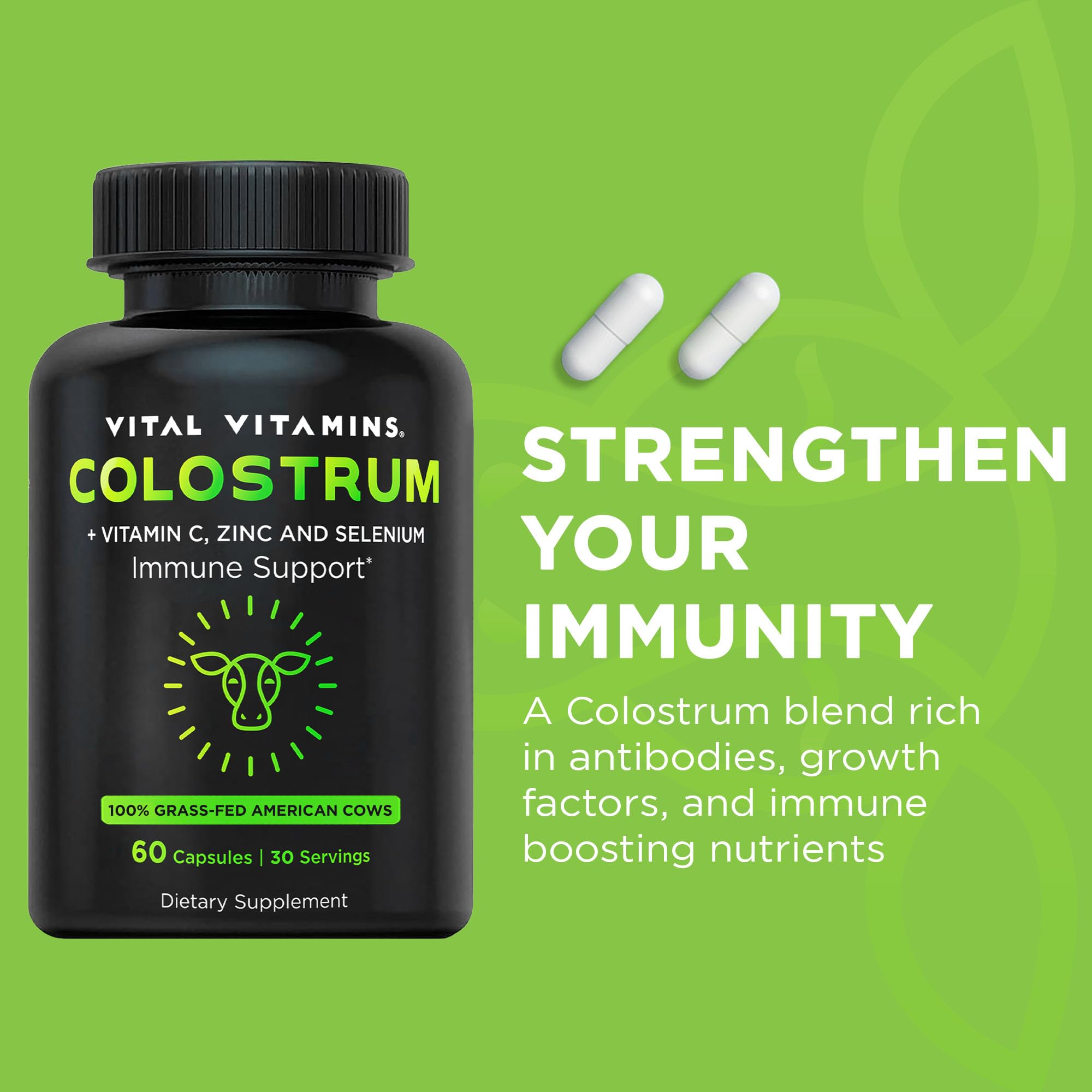 Vital Vitamins Colostrum Supplement - Vitamin C, Zinc, & Selenium - from First Milking - Standardized to Contain 10% IgG Immunoglobulins - Grass-Fed American Cows - 60 Capsules Vital Vitamins Au supplements