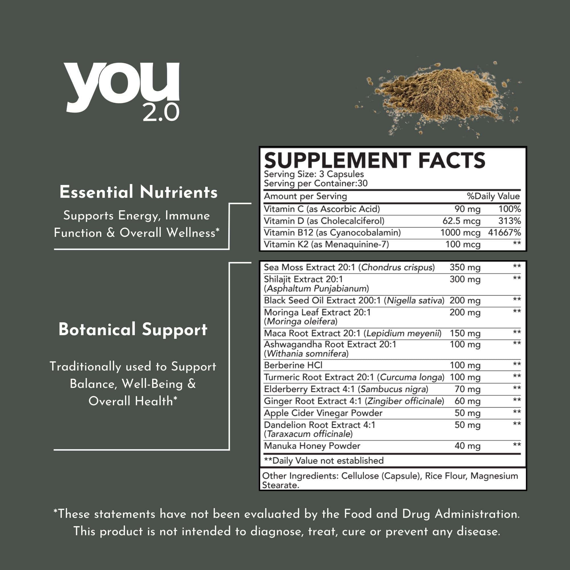 YOU 2.0 Powerhouse Superfood with Seamoss, Shilajit, Ashwagandha, Berberine, Maca, Black Seed Oil, Turmeric, Vitamin C, D, B12, K2 - Moringa, Apple Cider, Made in USA for Overall Health & Immunity YOU 2.0 Au supplements