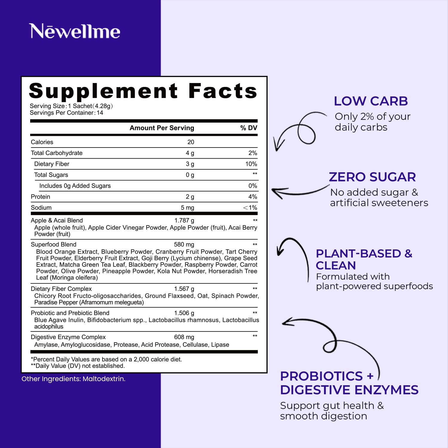 NEWELLME Balance Master Acai Apple Cider Vinegar Powder, Healthy Blood Sugar Support, Probiotics & Digestive Enzymes for Metabolic Support, Vegan Non-GMO, 14 Servings NEWELLME Au supplements
