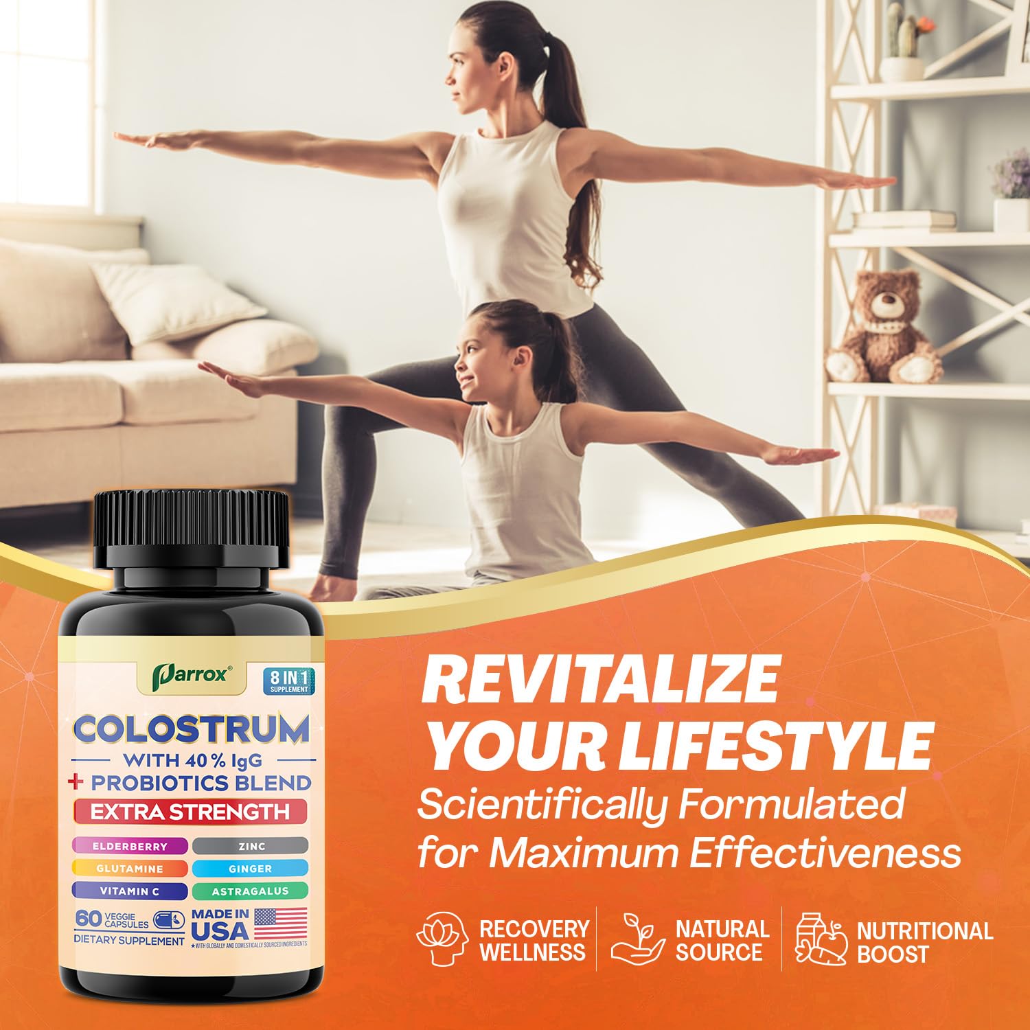Parrox Colostrum Supplement Capsules, Grass Fed Cow Colostrum with 40% IgG, Probiotics Blend, Elderberry, Astragalus, Zinc, Ginger, Vitamin C, L-Glutamine, 8 in 1 Extra Strength Bovine Boost (60 Caps) Parrox Au supplements