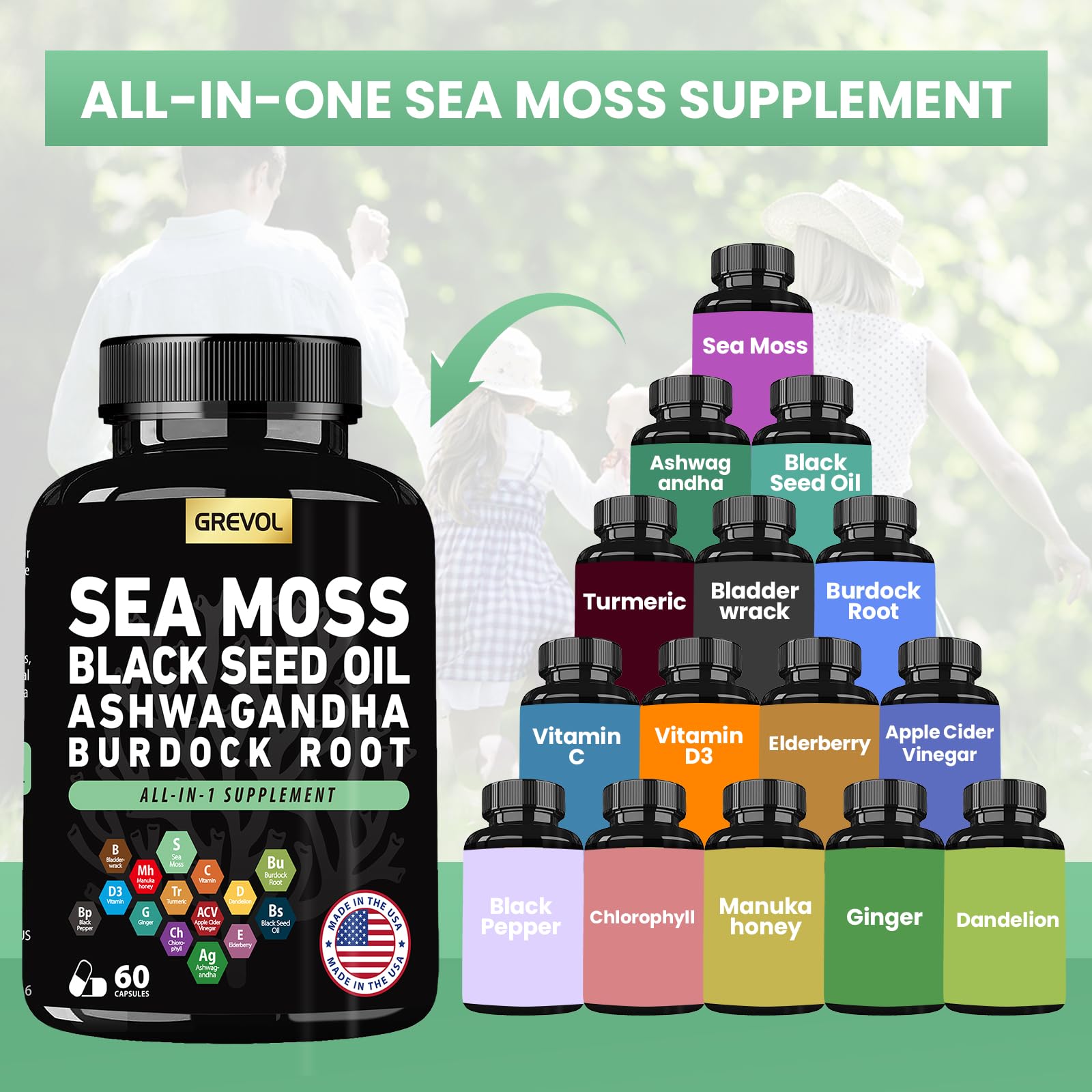 Sea Moss Black Seed Oil Ashwagandha Bladderwrack Burdock Root Turmeric & Vitamin C D3 Elderberry ACV Black Pepper - Multimineral Supplement - 60 Count Grevol Au supplements