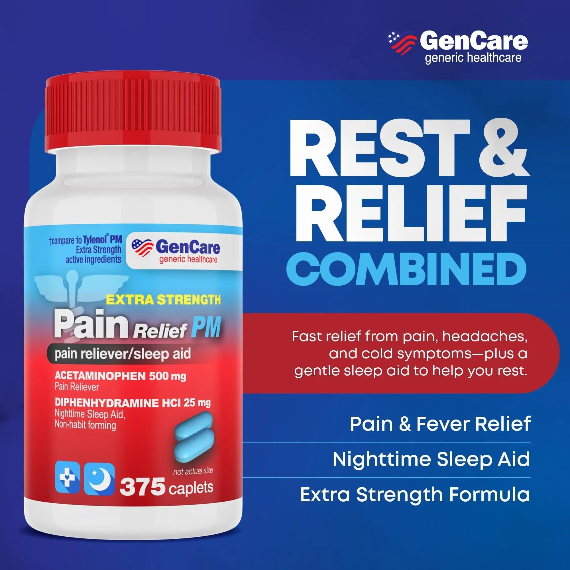 GenCare Extra Strength Acetaminophen PM 500 mg (375 Tablets) | Ultimate Pain Relief & Sleep Support for Adults | Quick Acting & Non Habit Forming Headache Relief | Eases Aches & Joint Discomfort GenCare Au supplements