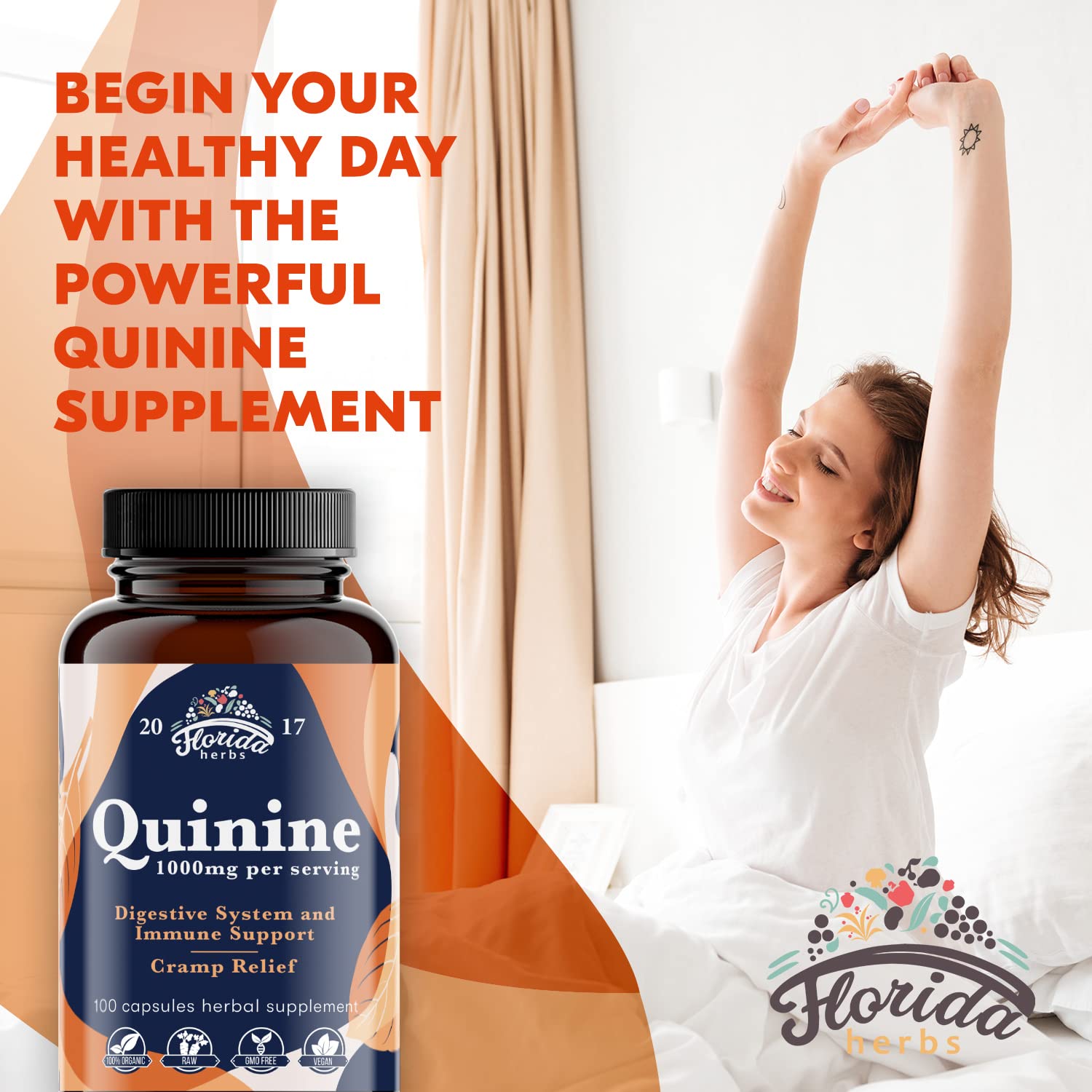 FLORIDA HERBS Quinine for Leg Cramps 1000 mg - 110 Capsules - Cinchona Bark Extract Supplement - Quinine Capsules - Vegan, Non - GMO FLORIDA HERBS Au supplements