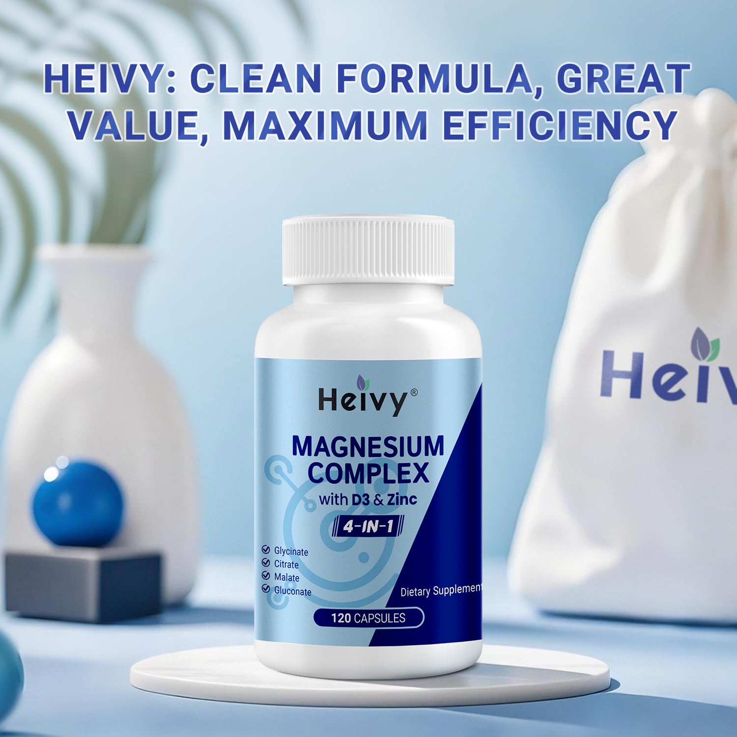 Heivy 4 in 1 Magnesium Complex with Zinc & Vitamin D3, 320mg Elemental Magnesium (Glycinate/Citrate/Gluconate/Malate), 120 Capsules (4 Months Supply), Vegan, Non-GMO, Gluten-Free, 3rd Party Tested Heivy Au supplements