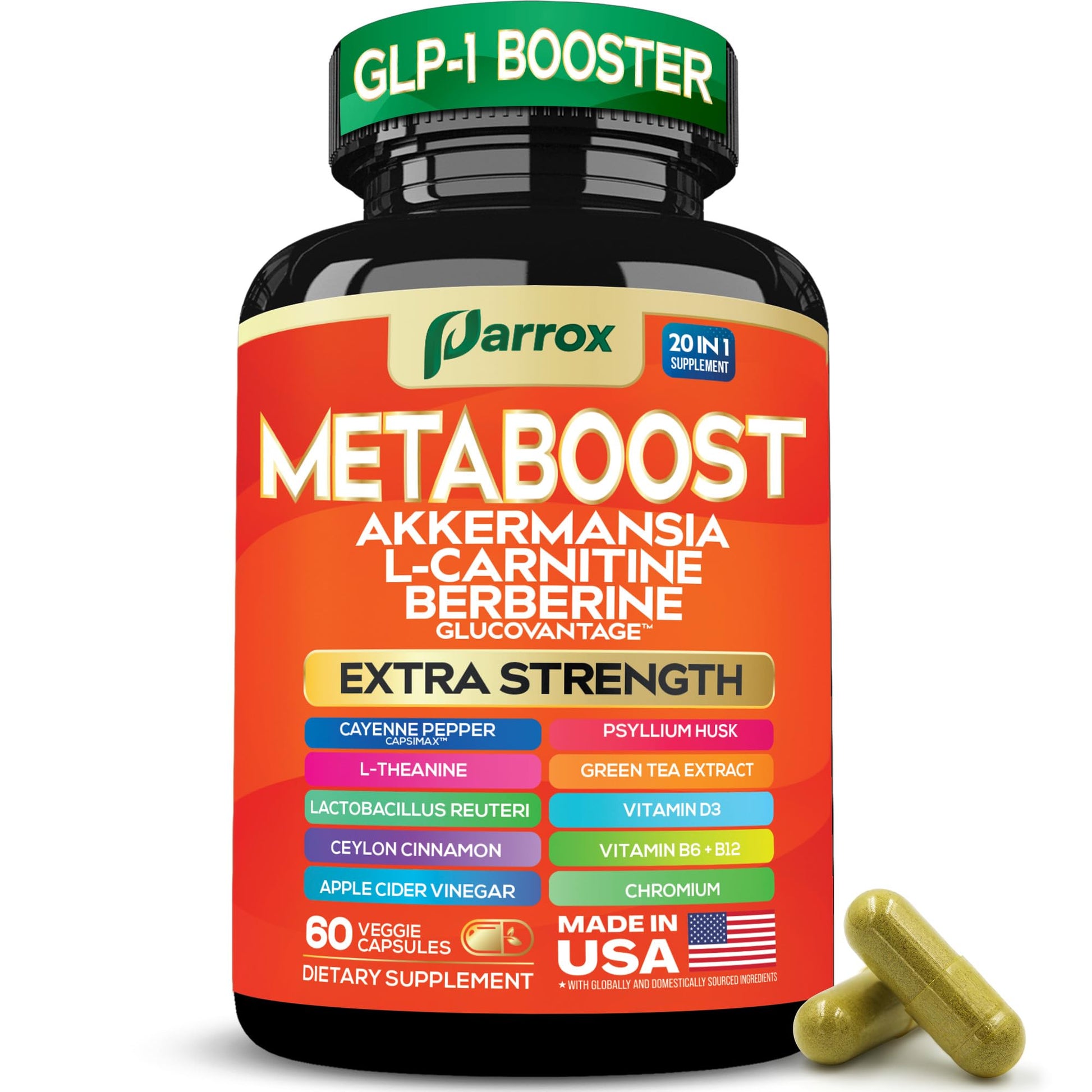GLP-1 Booster Supplement, Akkermansia, L-Carnitine, Berberine (GlucoVantage), Methylfolate, Methylated B12, Chromium, Capsimax, Psyllium Husk, Probiotics Vitamins D3, B6, 20-in-1 Plant-Based (60 Caps) Parrox Au supplements