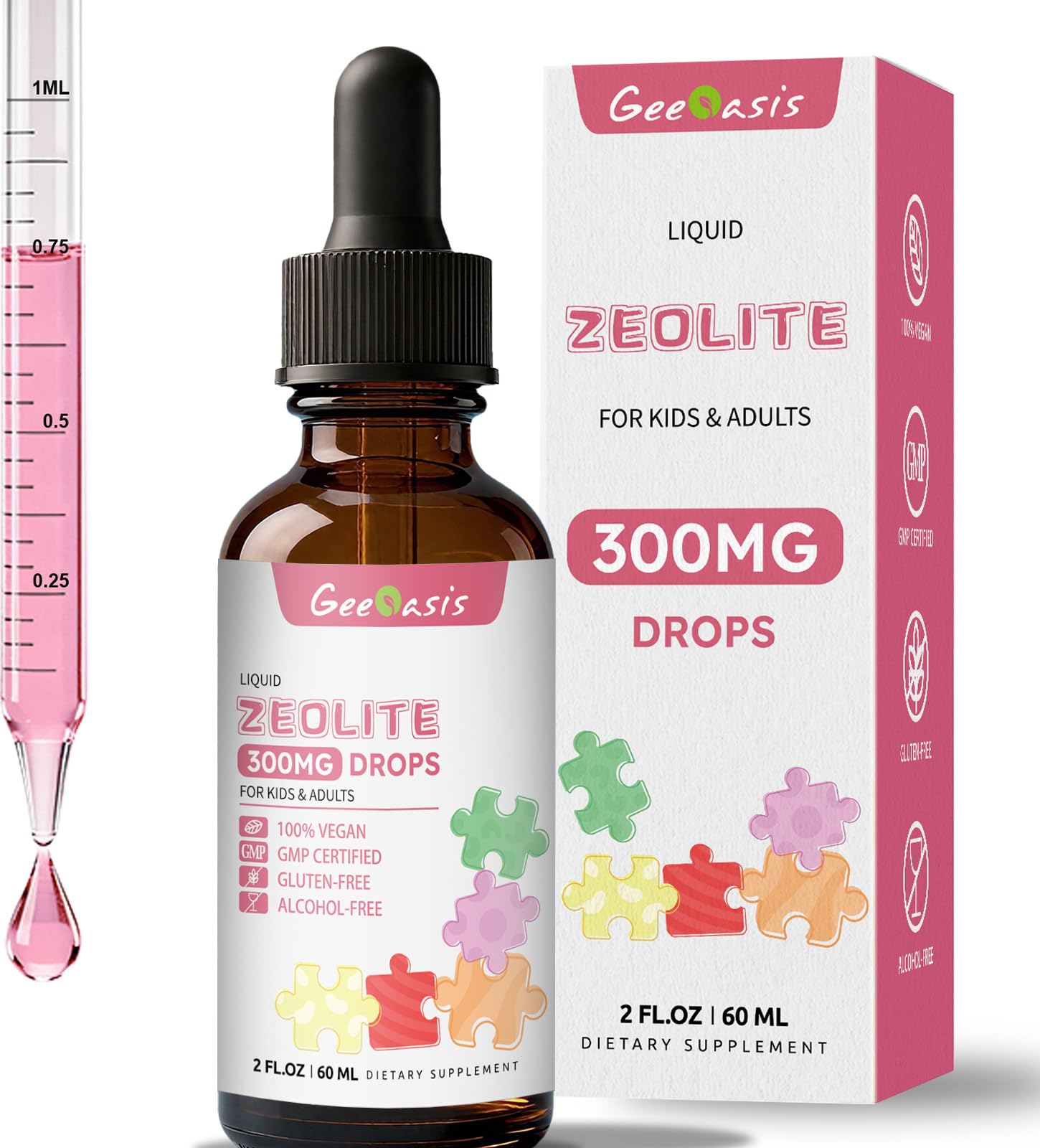 Geeoasis Zeolite Detox for Kids & Adults, 300 mg Zeolite Clinoptilolite Liquid with Vitamin B12 & D3, Vitamin C & Zinc Gluconate, Immune Support & Gut Health, Natural Strawberry Flavor, 2 Fl Oz Geeoasis Au supplements